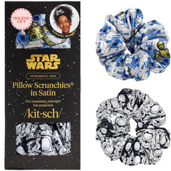 Kitsch R2-D2 scrunchie closeup showing plush satin texture for crease-free styling.