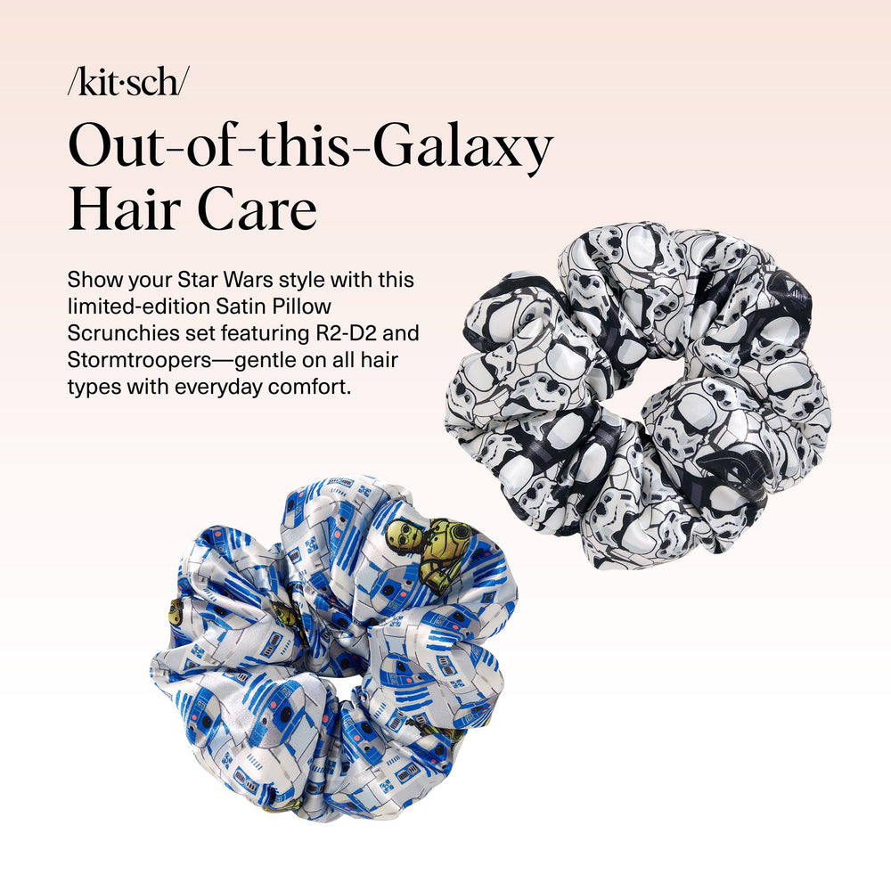 Kitsch Stormtrooper scrunchie closeup highlights soft satin and hair-friendly glide.