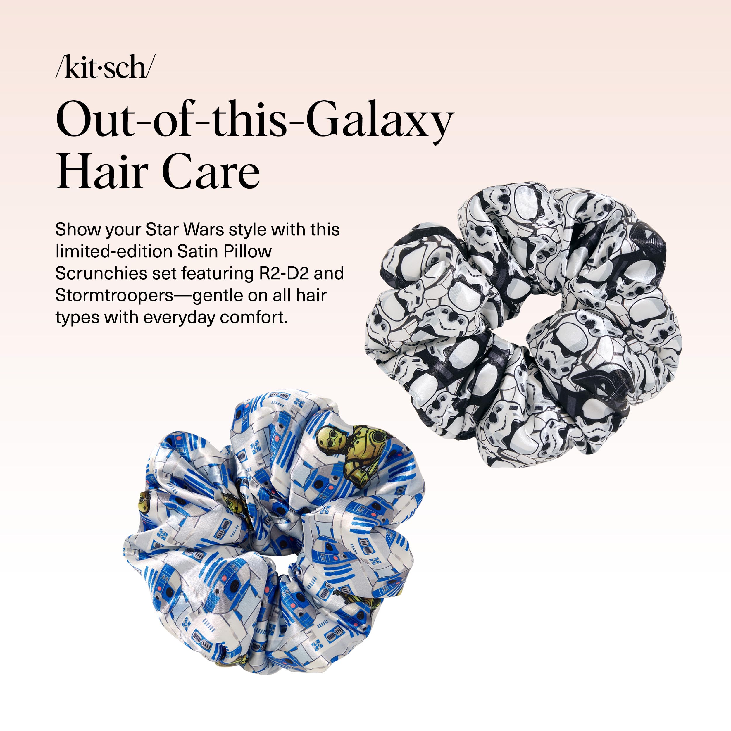 Kitsch Stormtrooper satin scrunchie pair with secure, soft hold.