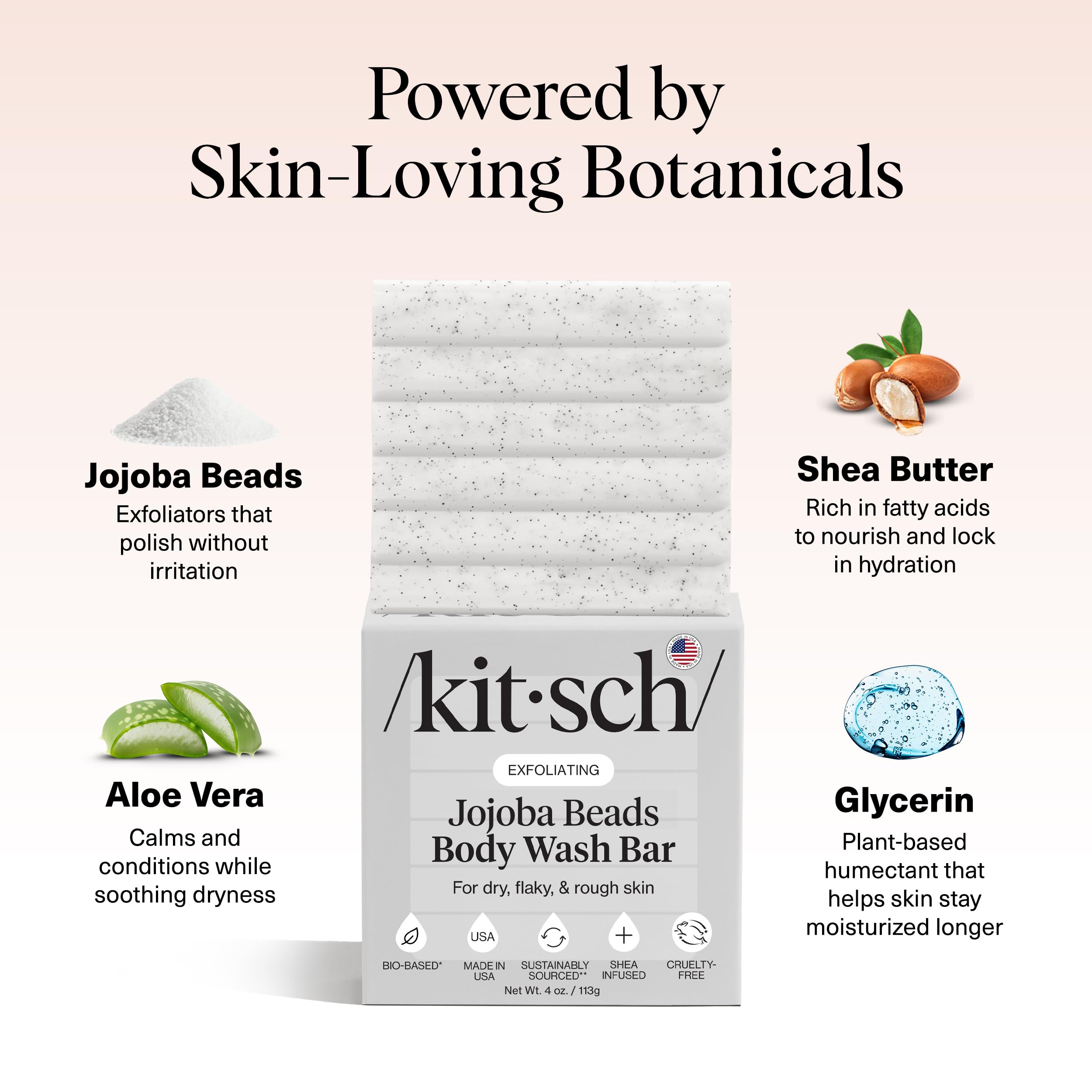 Kitsch sustainable ingredients highlight eco-friendly beads and gentle exfoliation