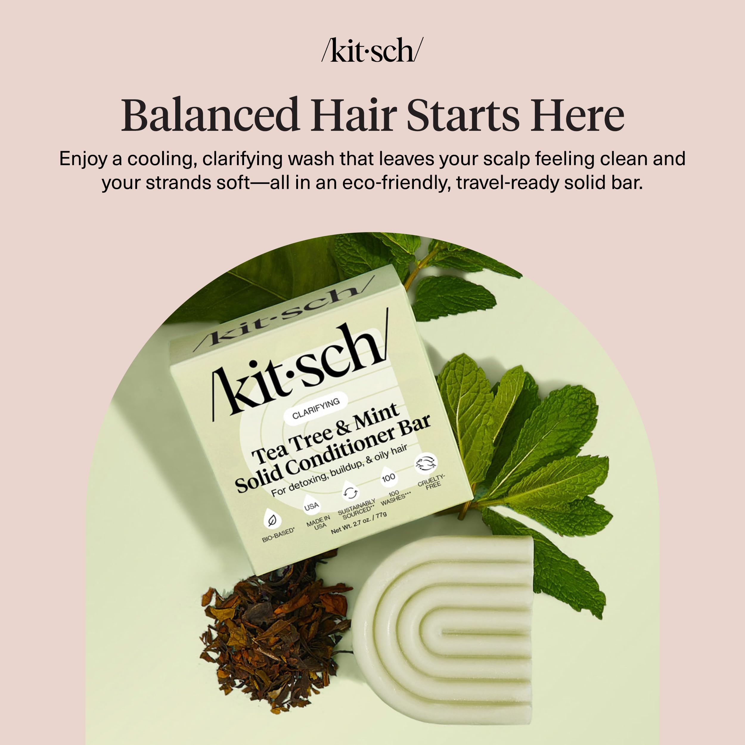Kitsch Tea Tree & Mint conditioner bar in hand suggesting easy, quick refreshment