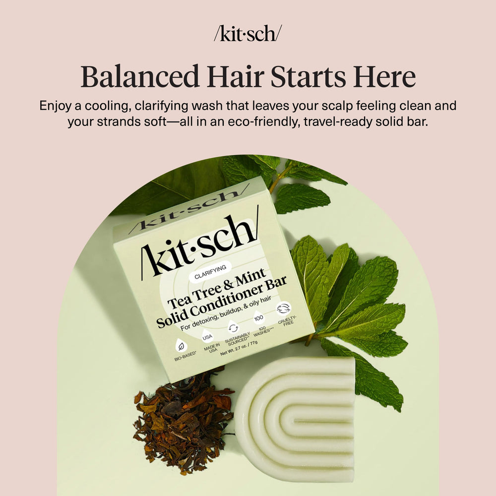Kitsch Tea Tree & Mint conditioner bar in hand suggesting easy, quick refreshment