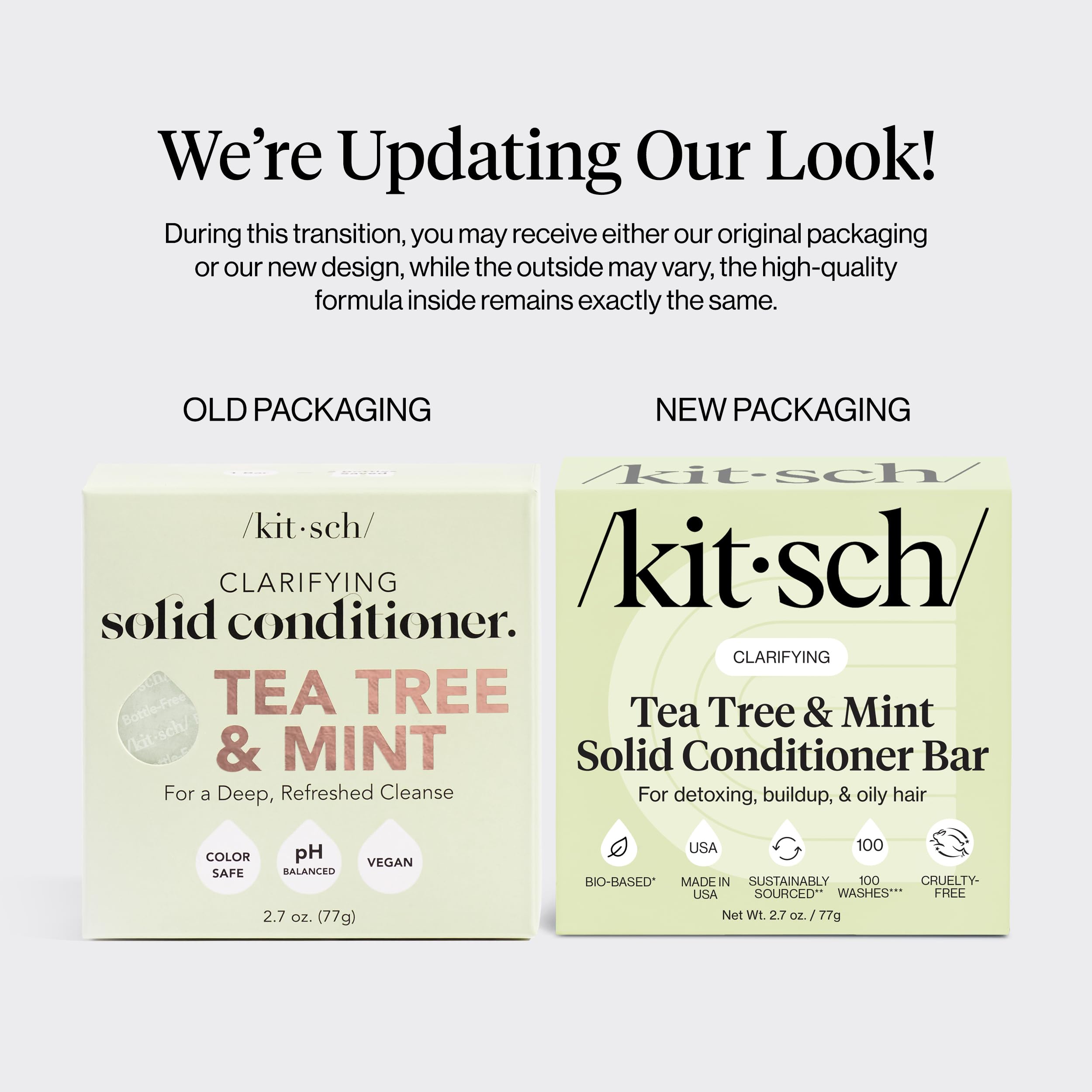 Kitsch Tea Tree & Mint conditioner bar close-up label emphasizing clean ingredients for color-safe routines