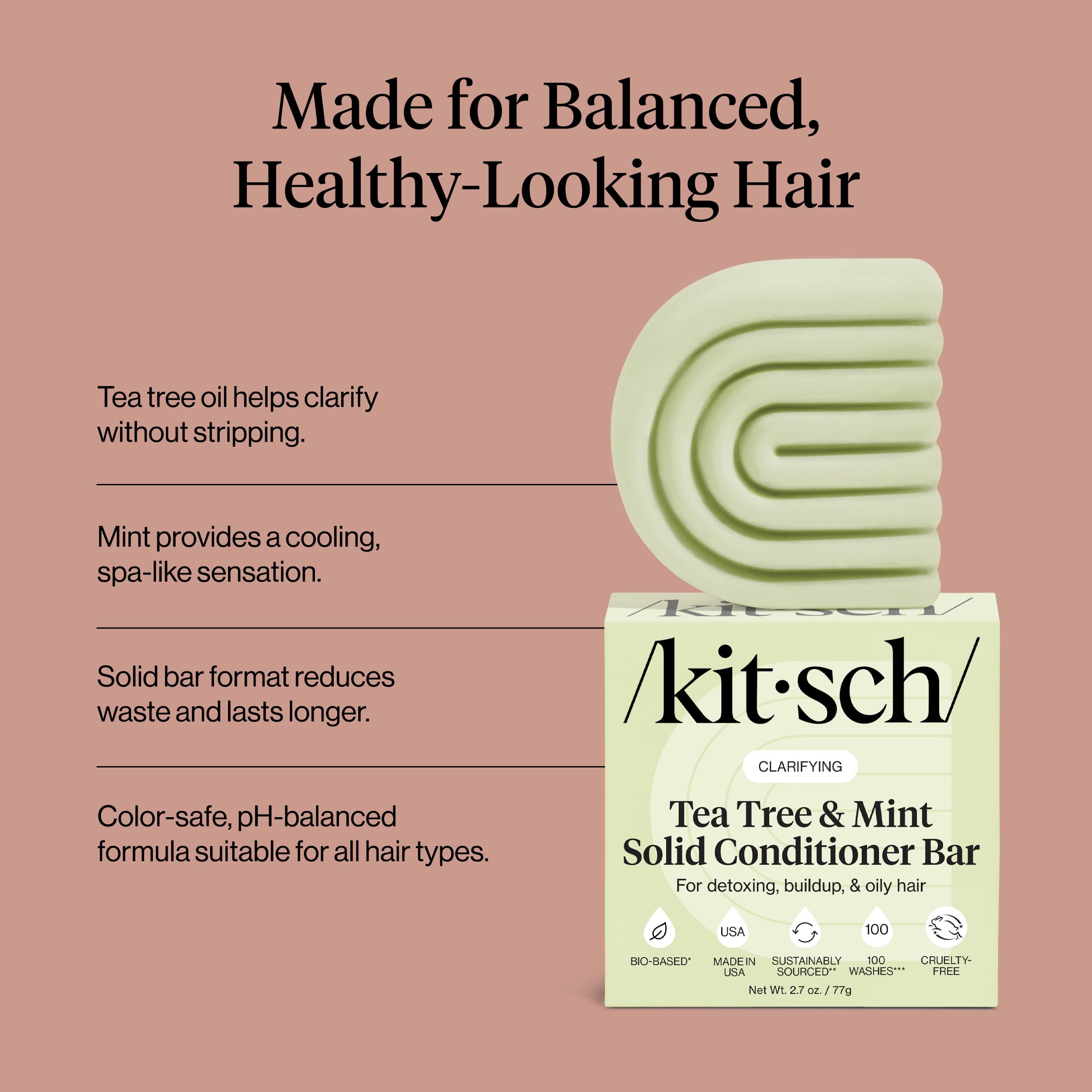 Kitsch conditioner bar on bathroom sink shelf illustrating space-saving green care