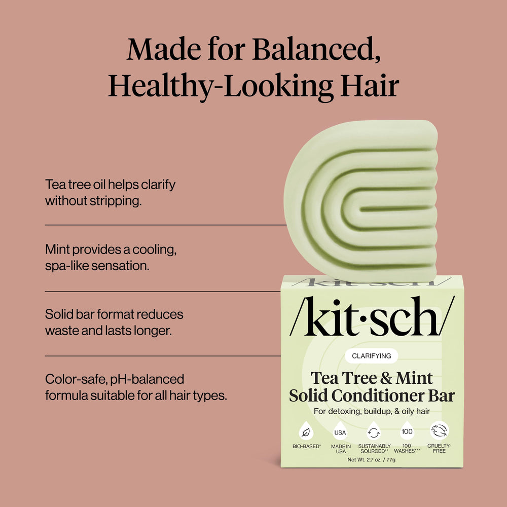 Kitsch conditioner bar on bathroom sink shelf illustrating space-saving green care