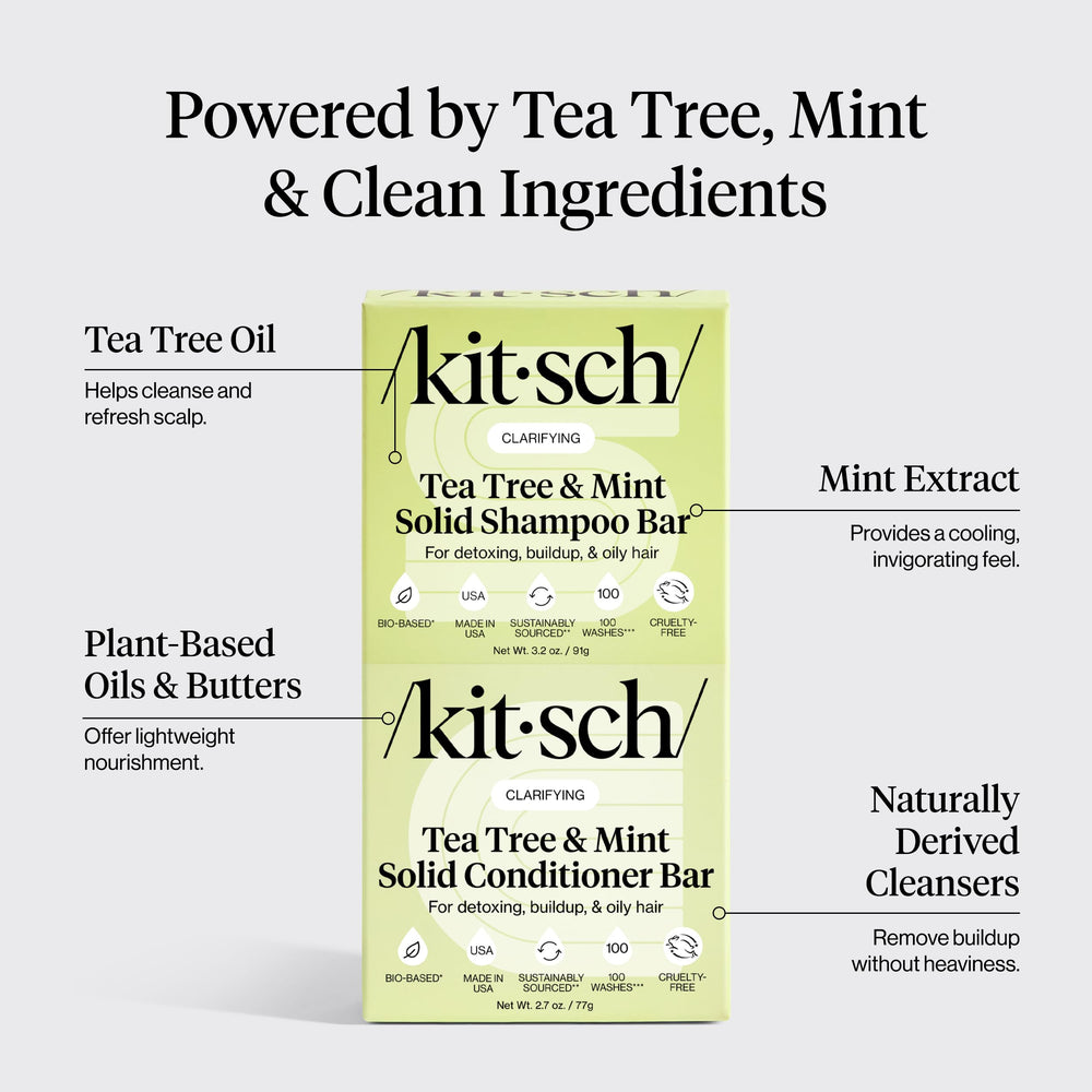 Kitsch Tea Tree Shampoo Bar shows compact clarifying action for buildup removal.