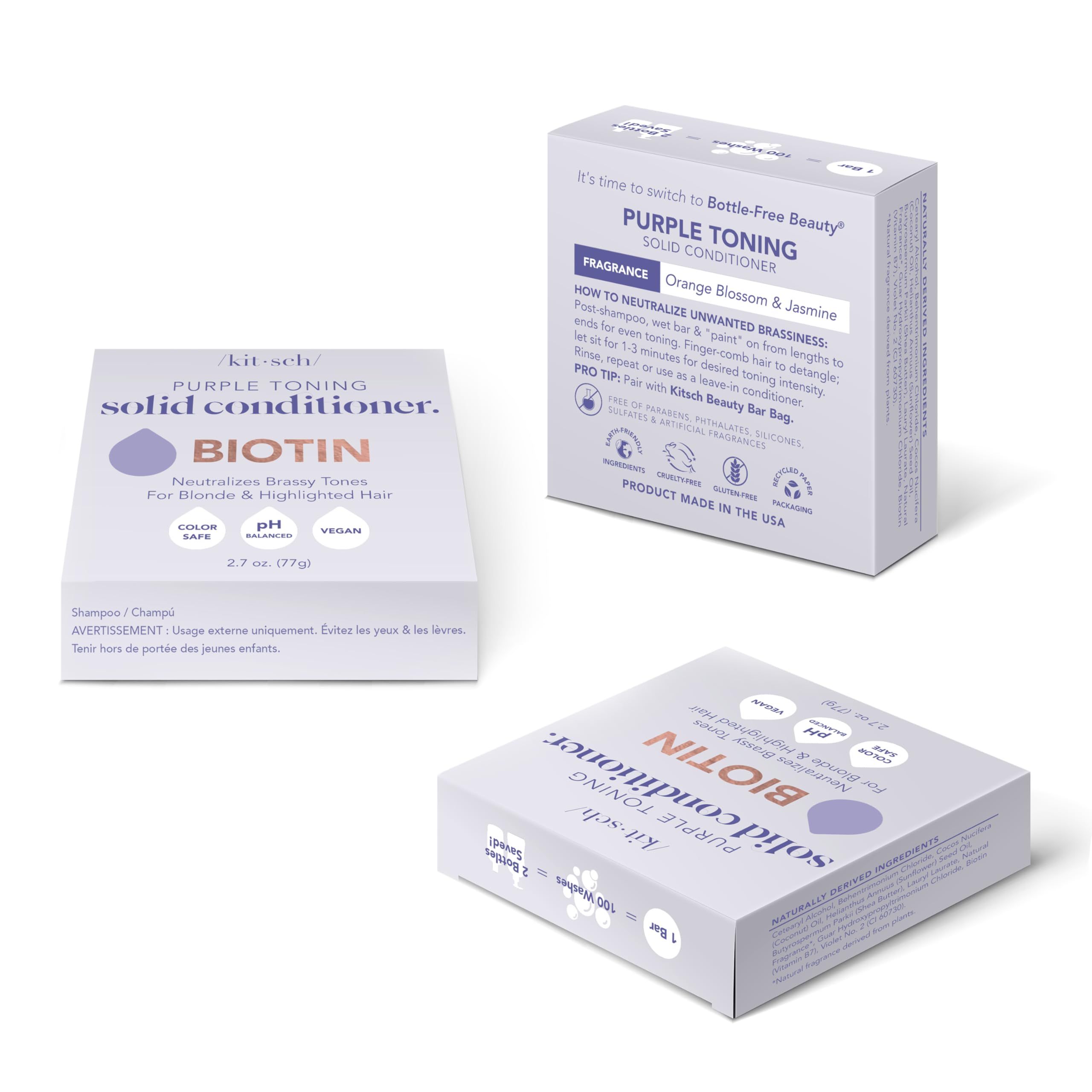 Kitsch Toning Purple Conditioner Bar biotin-enriched formula supports stronger strands.
