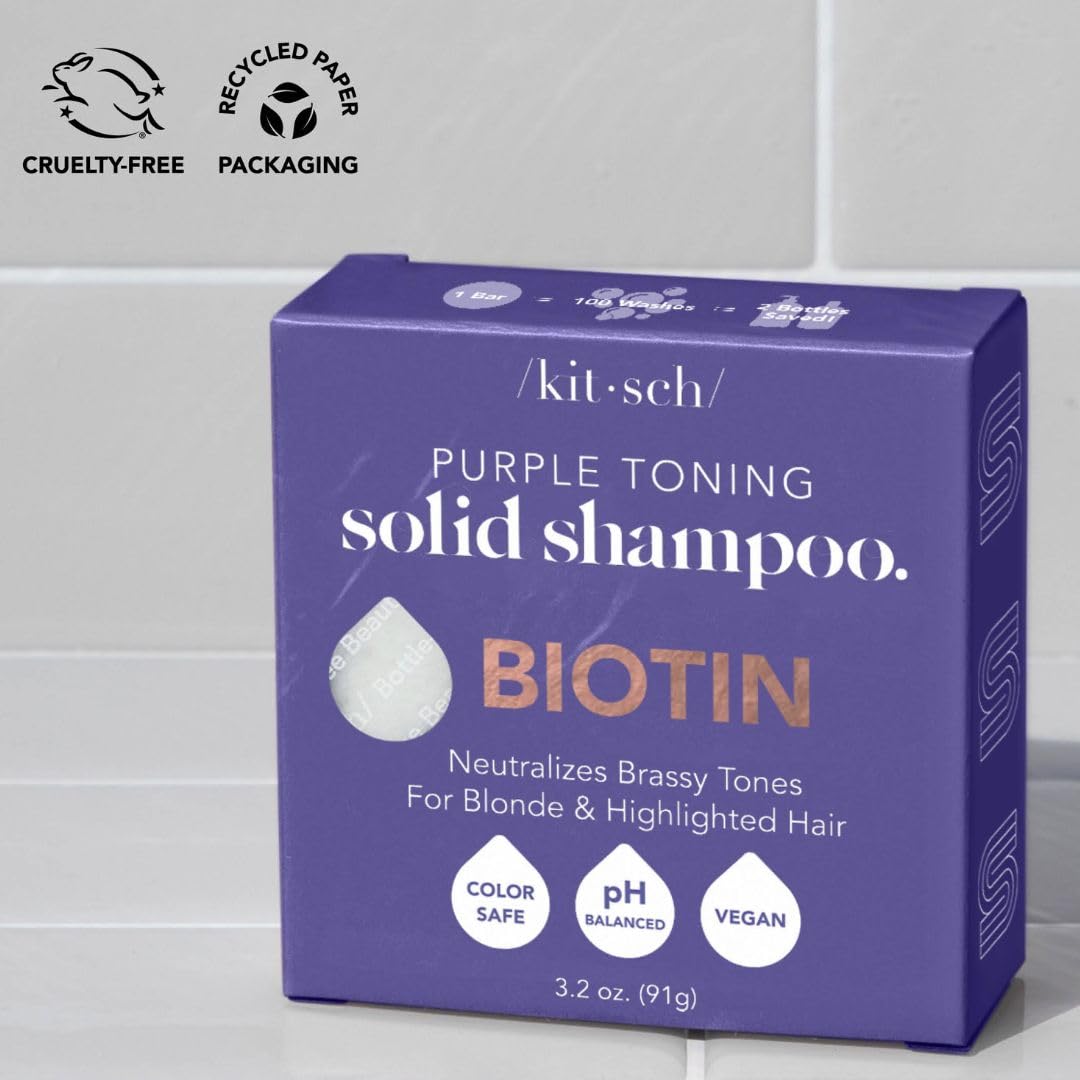 Eco-friendly packaging of Kitsch Toning Purple Shampoo Bar emphasizes sustainability.
