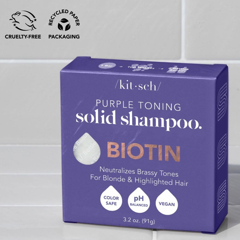Eco-friendly packaging of Kitsch Toning Purple Shampoo Bar emphasizes sustainability.