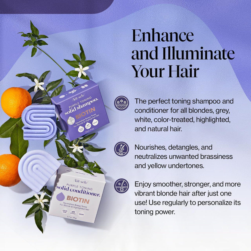 Kitsch toning purple shampoo bar neutralizes brass to reveal brighter blonde tones.