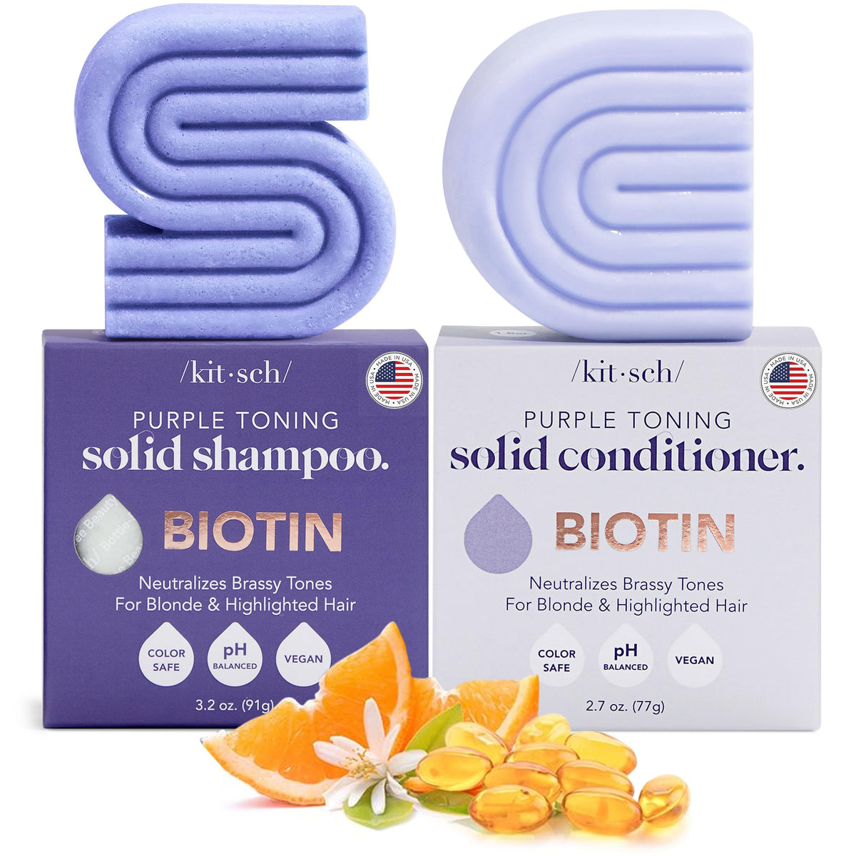 Kitsch toning purple shampoo bar packaging highlights eco-friendly, plastic-saving design for sustainable blondes.
