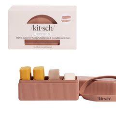 Kitsch travel soap case terracotta color close-up, durable recycled plastic for everyday use.