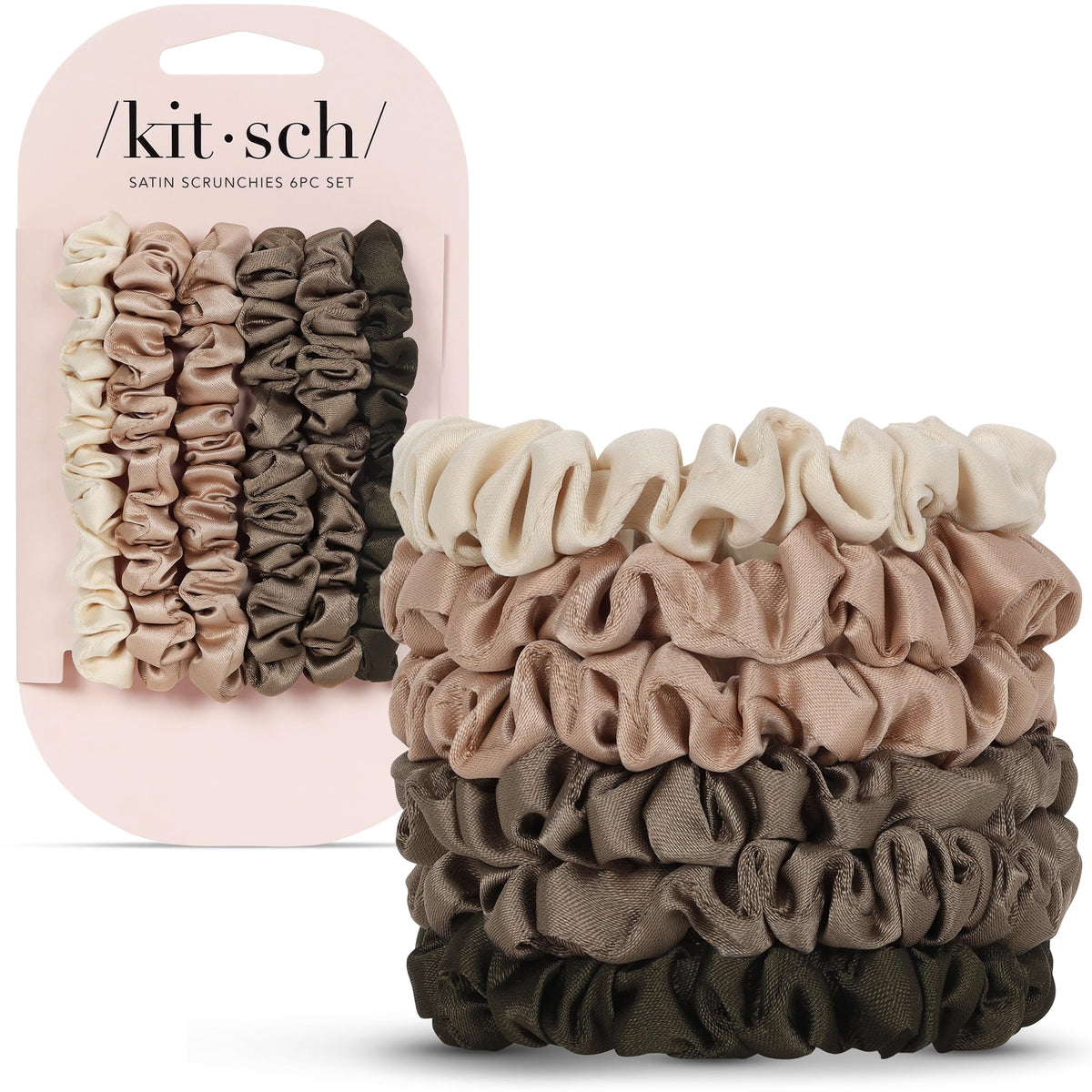Kitsch ultra-petite satin scrunchies pack six gentle hair ties for damage-free ponytails.