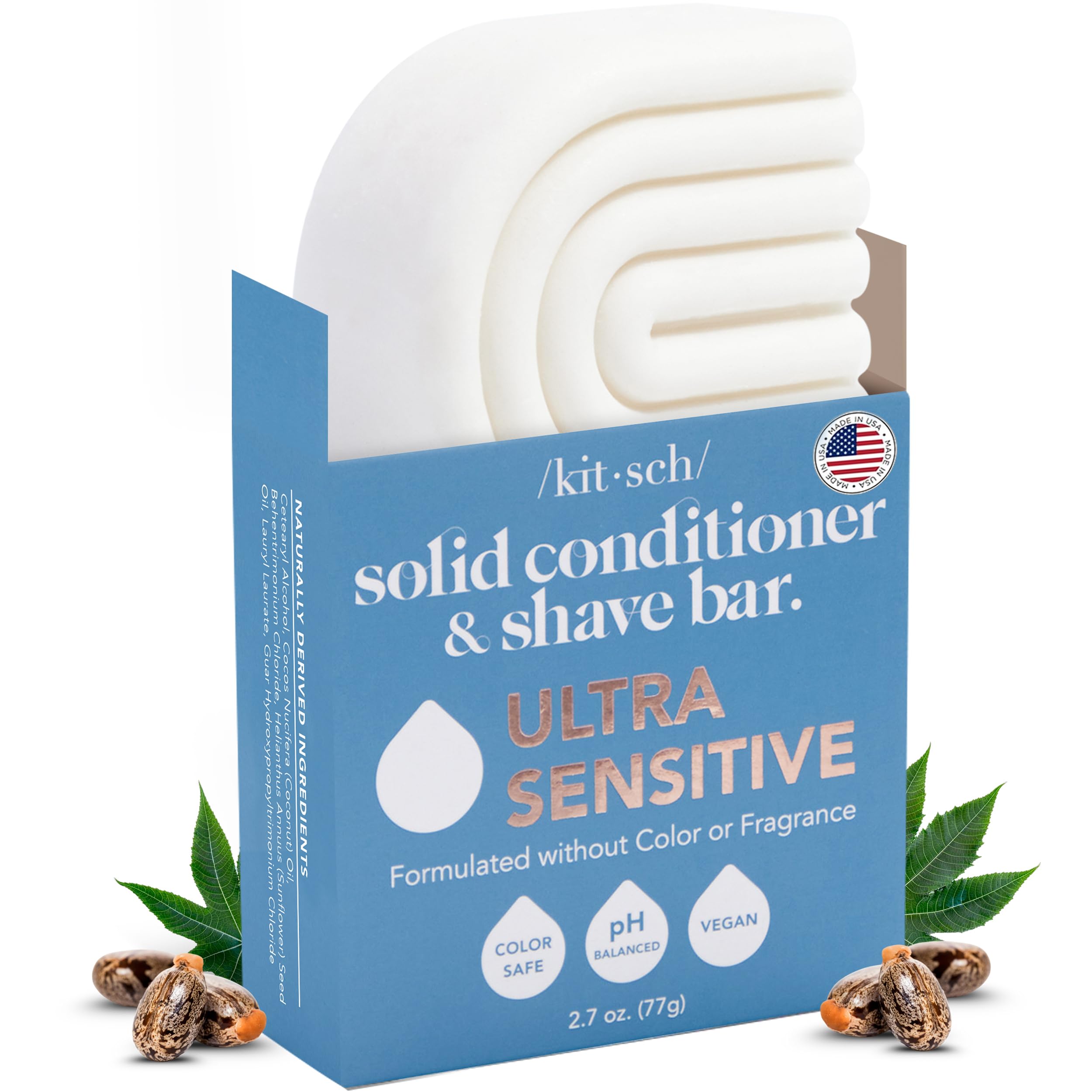 Kitsch ultra-sensitive conditioner bar on counter, fragrance-free formula for sensitive scalp