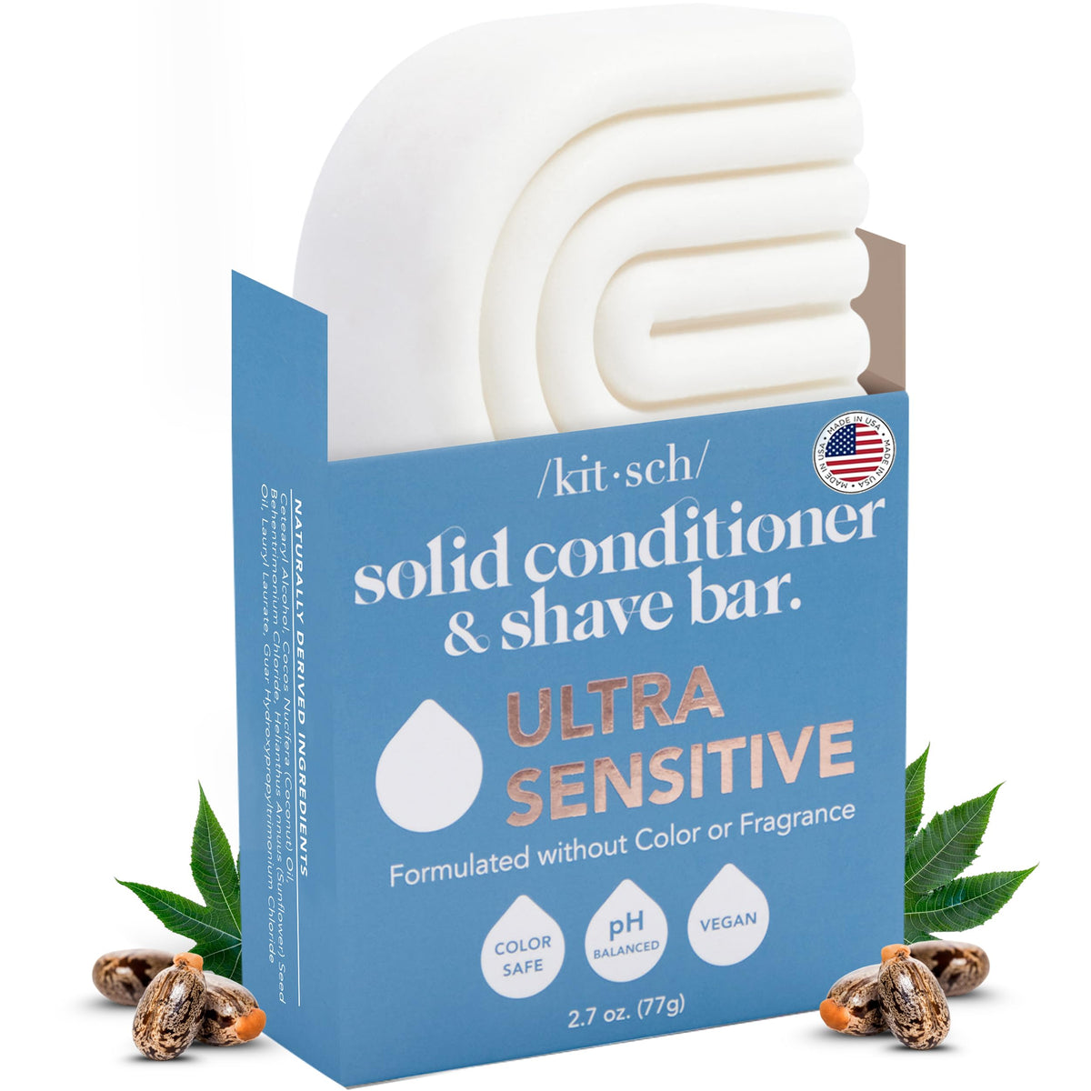 Kitsch ultra-sensitive conditioner bar on counter, fragrance-free formula for sensitive scalp