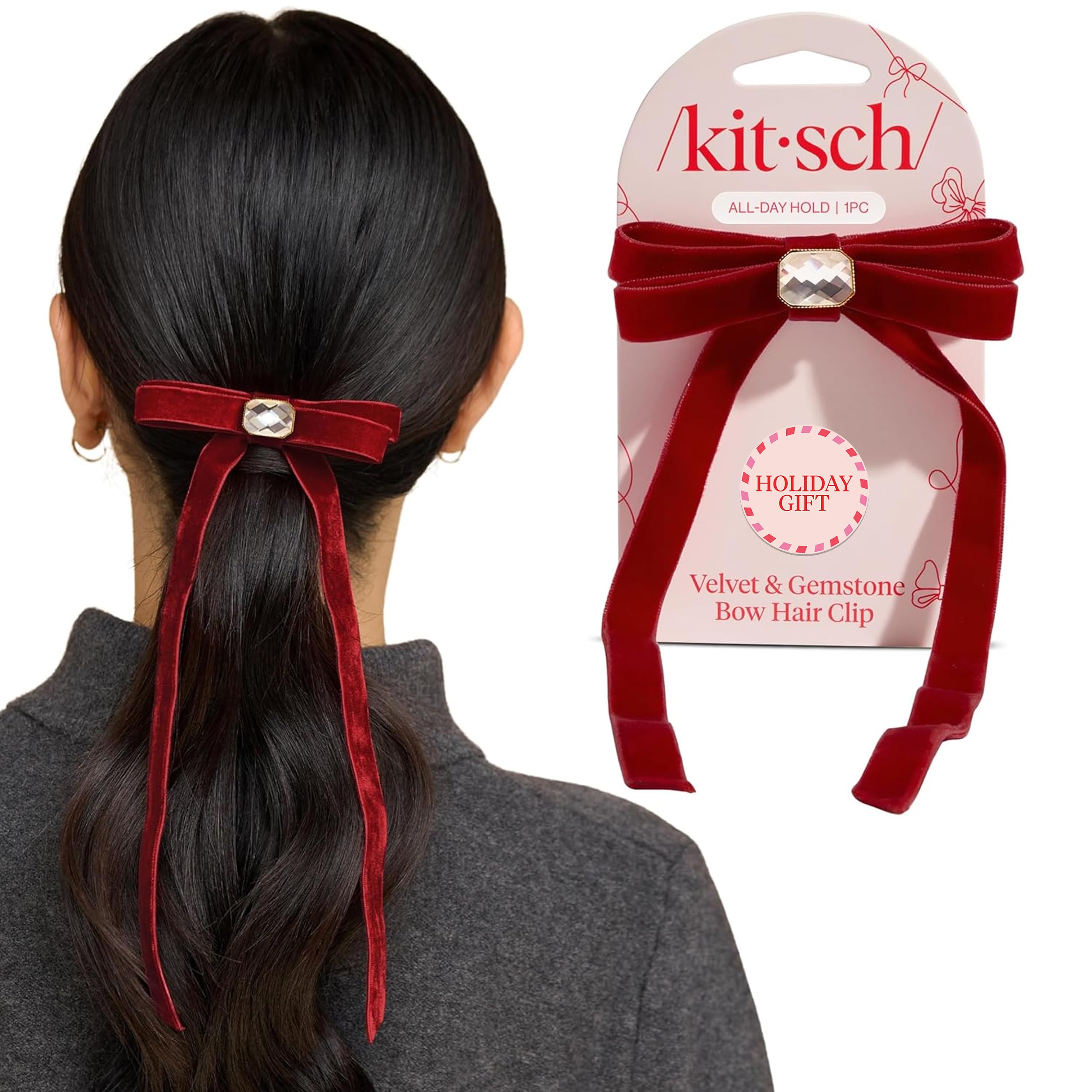 Kitsch velvet bow clip gemstone closeup, showcasing festive sparkle.