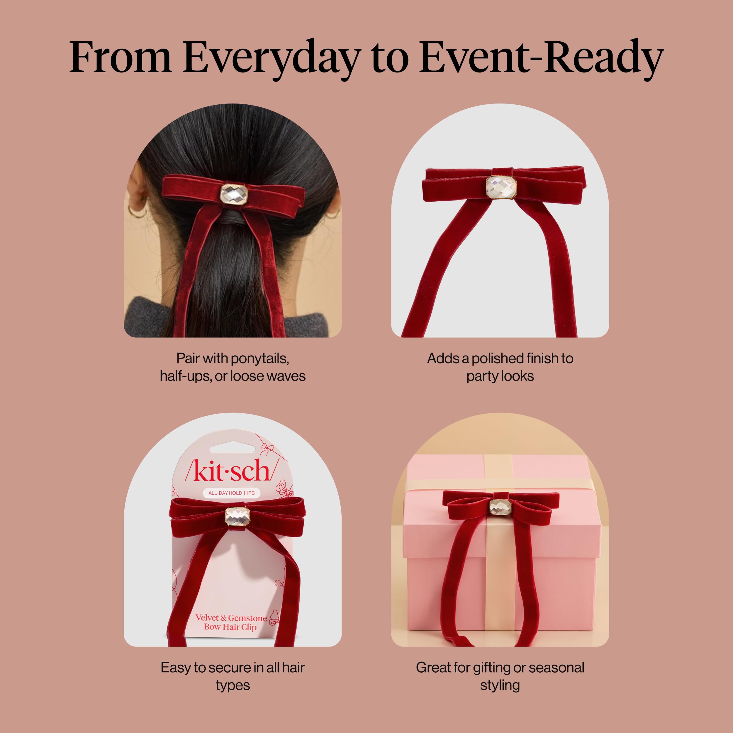 Kitsch velvet bow clip gemstone accent on model.