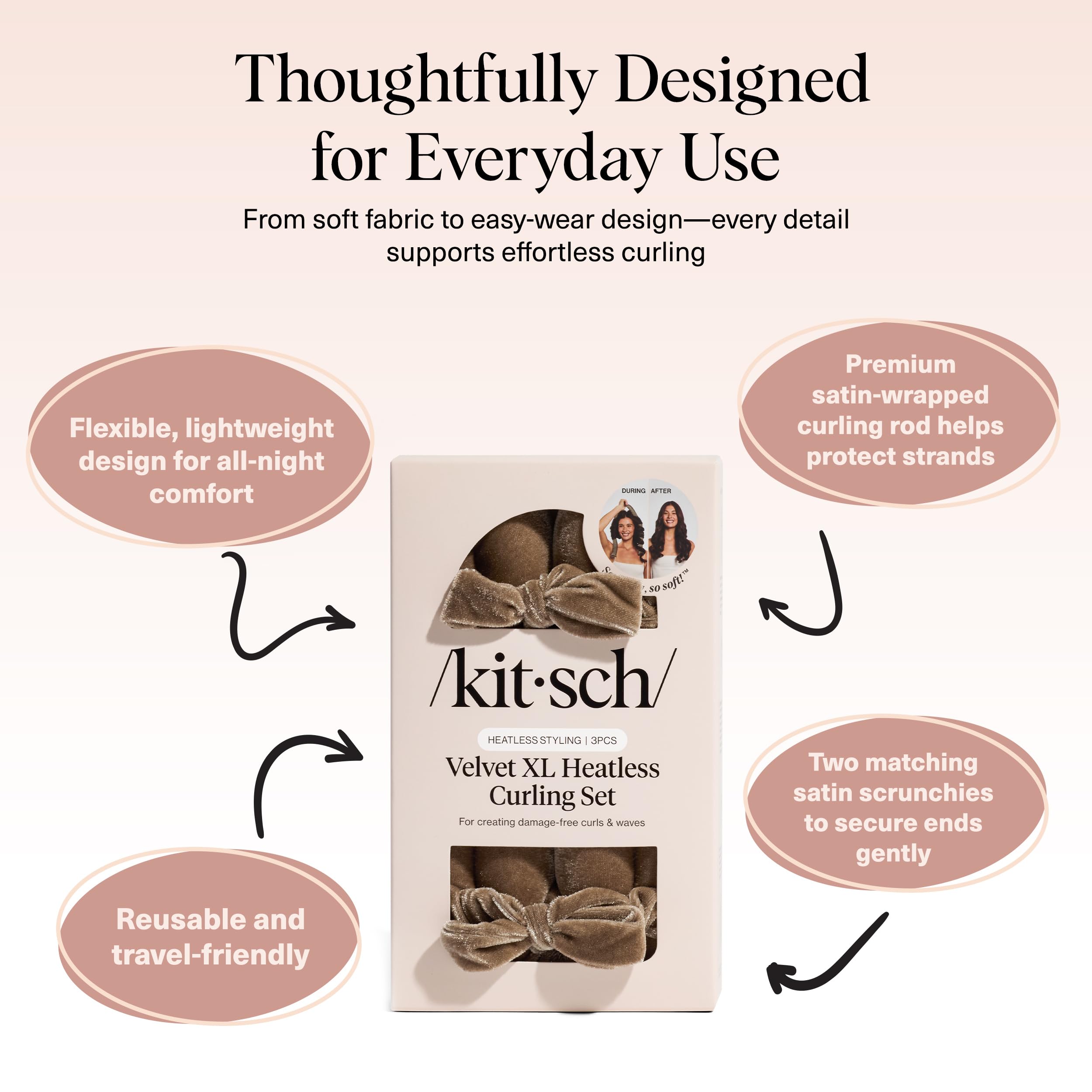 Kitsch Velvet XL includes two soft scrunchies to secure ends without tugging.