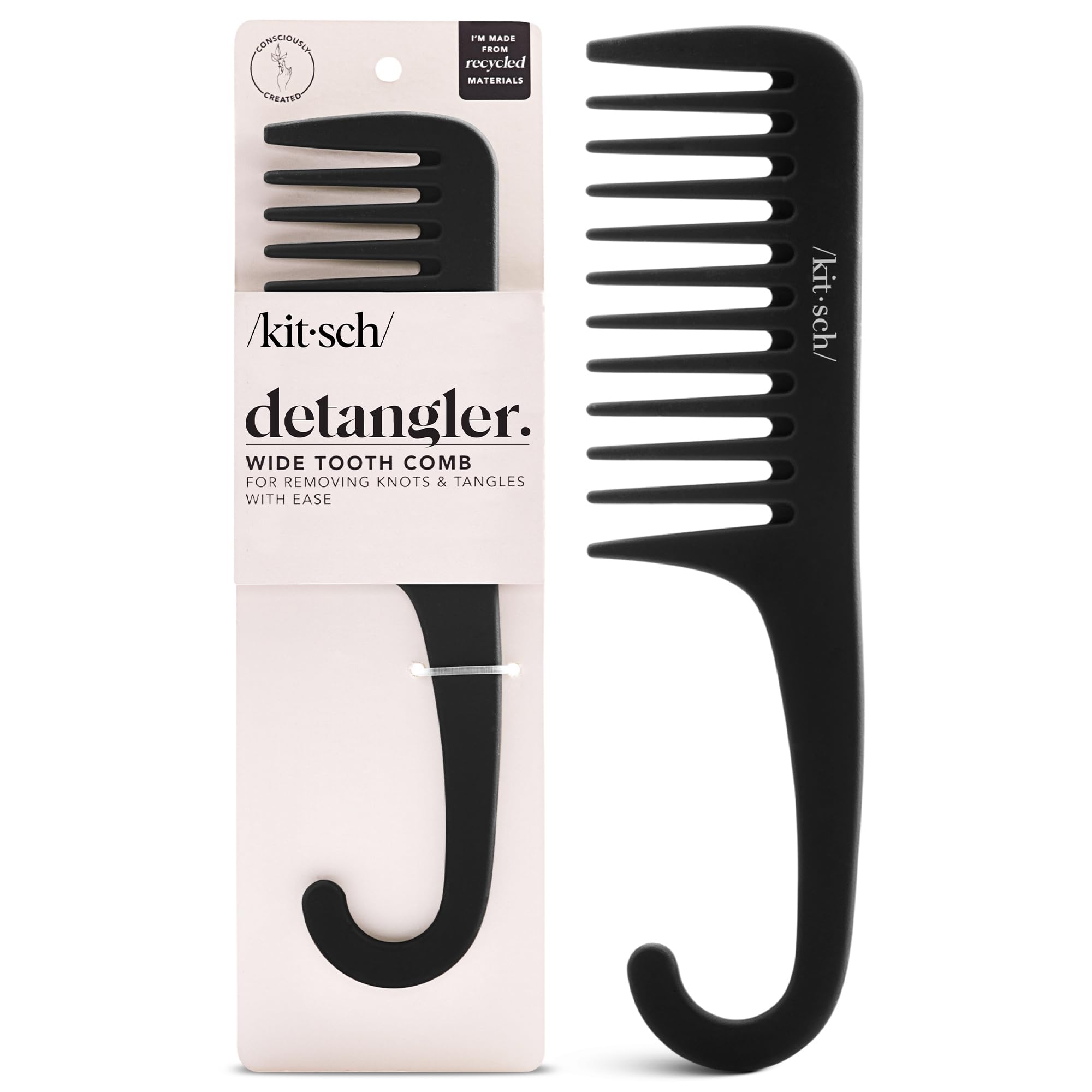Kitsch wide-tooth detangler comb curved-handle for easy detangling of curly hair.