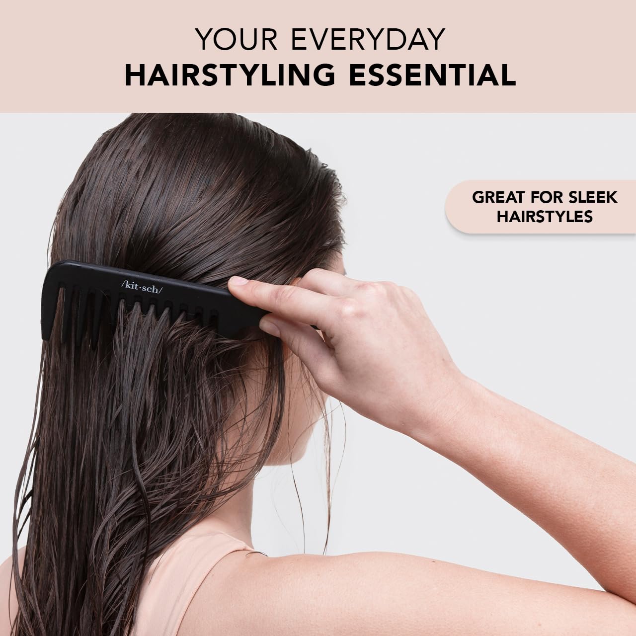 Kitsch wide-tooth detangler comb in shower for even conditioner distribution.