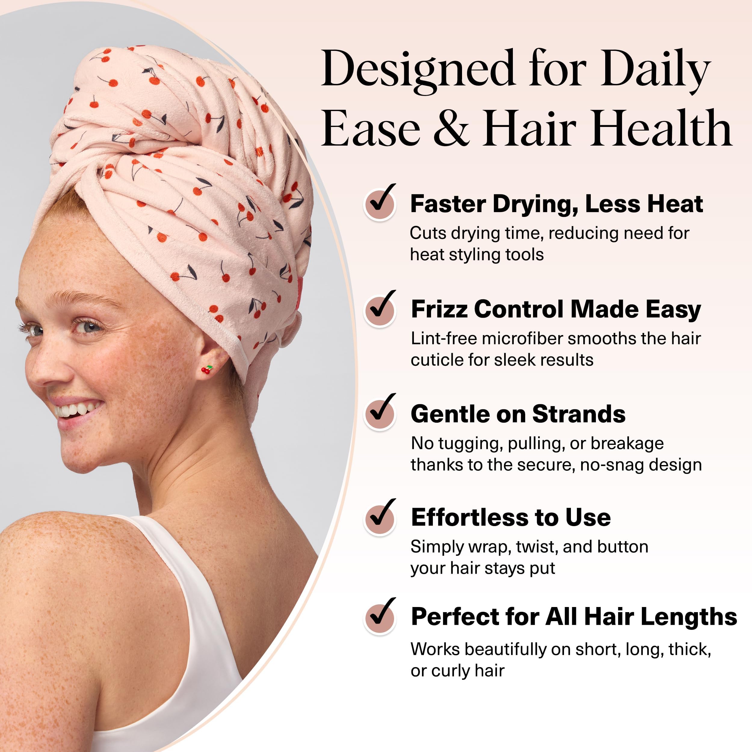Kitsch XL absorbent microfiber hair towel demonstrates quick-dry performance on damp hair