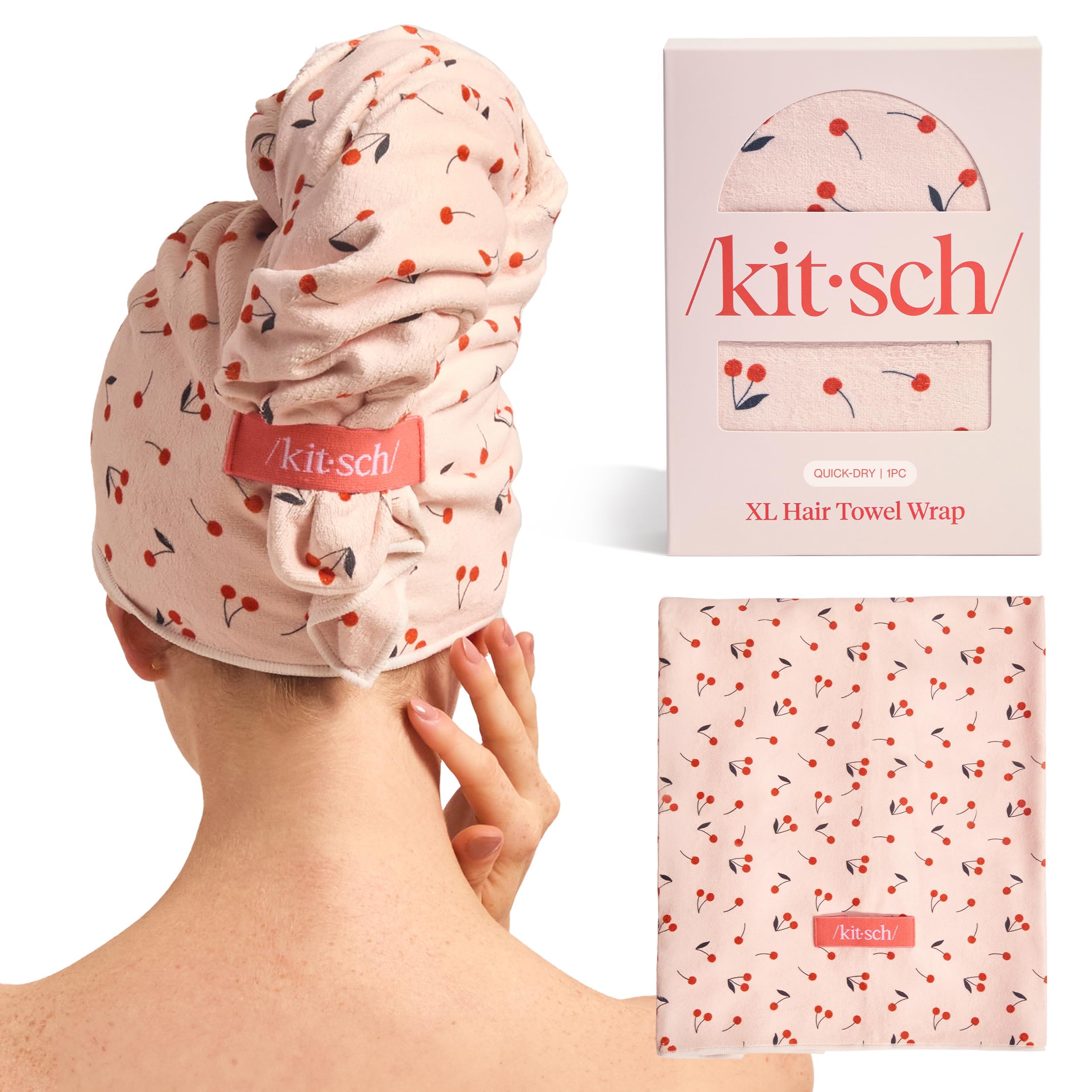 Kitsch XL microfiber hair towel wrap in cherry print, front view, for fast drying
