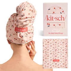 Kitsch XL microfiber hair towel wrap in cherry print, front view, for fast drying