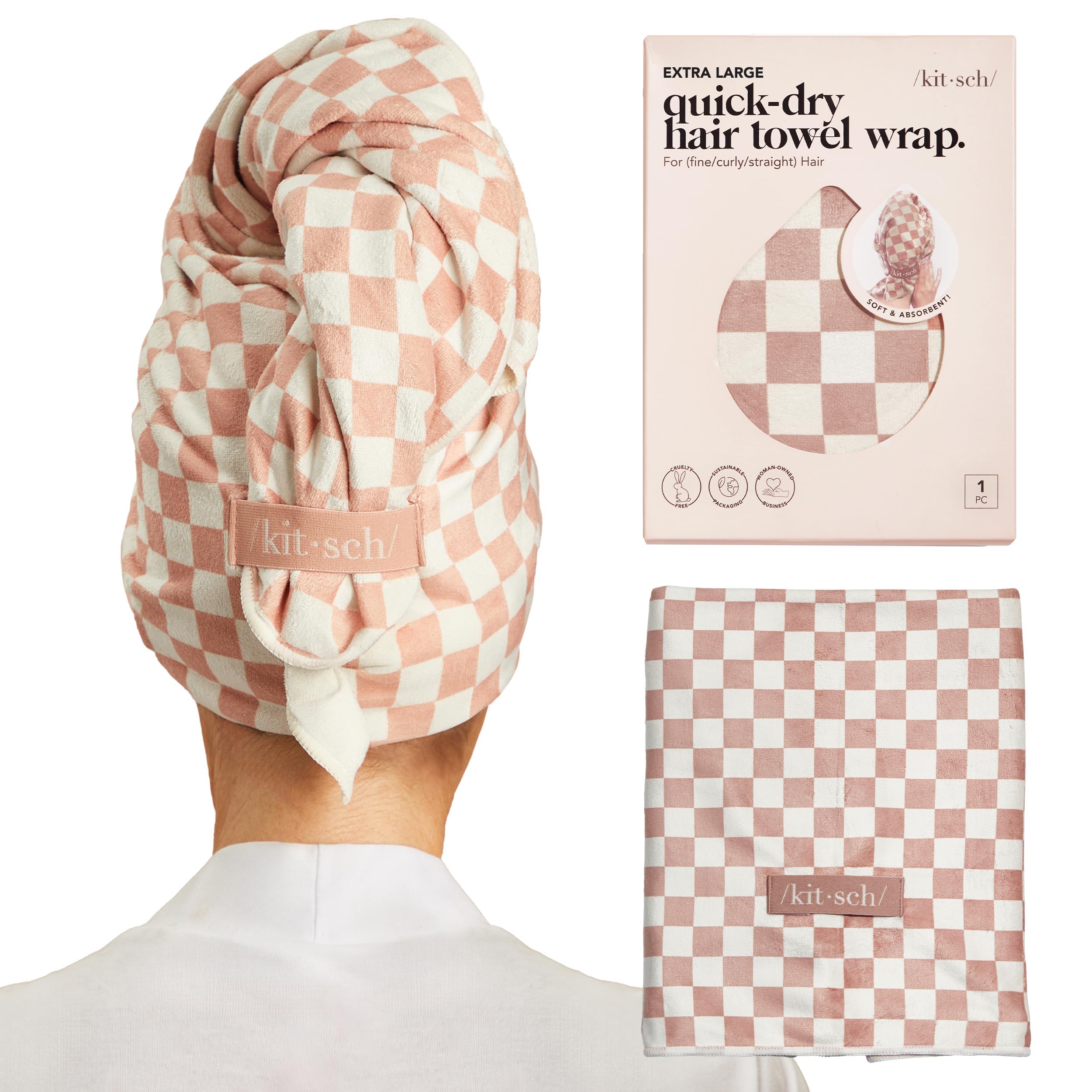 Kitsch XL microfiber hair towel wrap, terracotta checkered front view for quick-dry routine