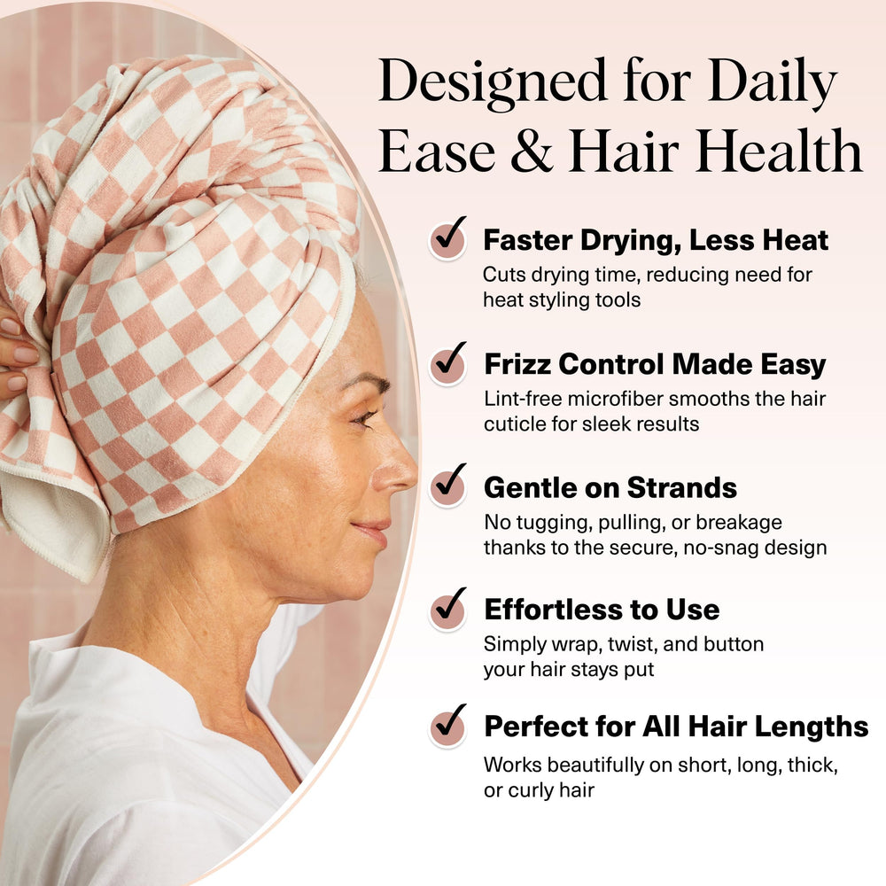 Kitsch XL microfiber towel wrap in-use, hands-free post-shower experience