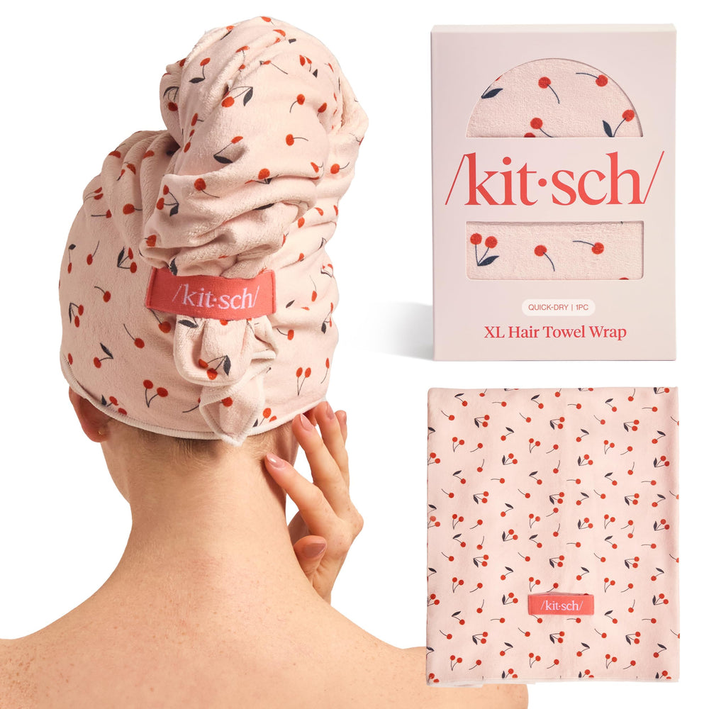 Kitsch XL microfiber hair towel wrap in-use view for fast drying after shower