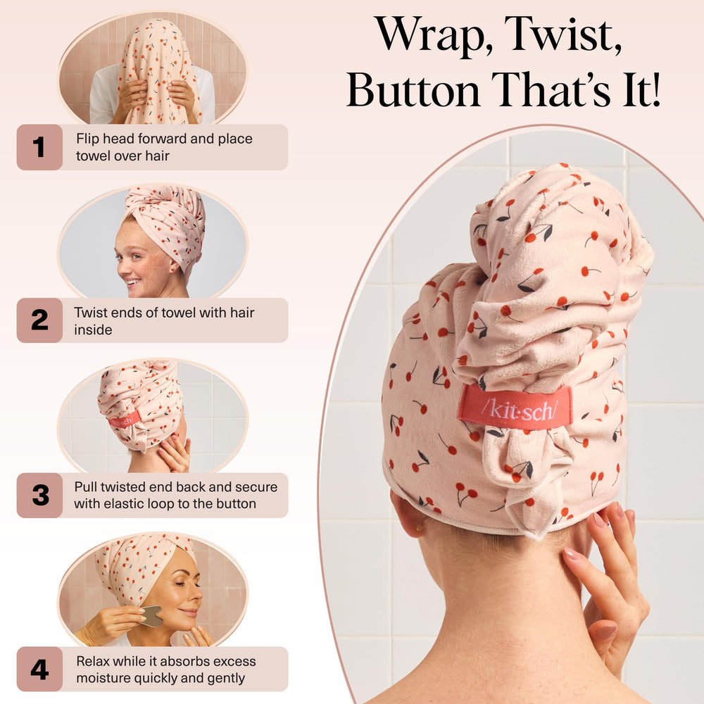 Kitsch XL quick-dry hair towel in-use indicates efficient post-shower routine