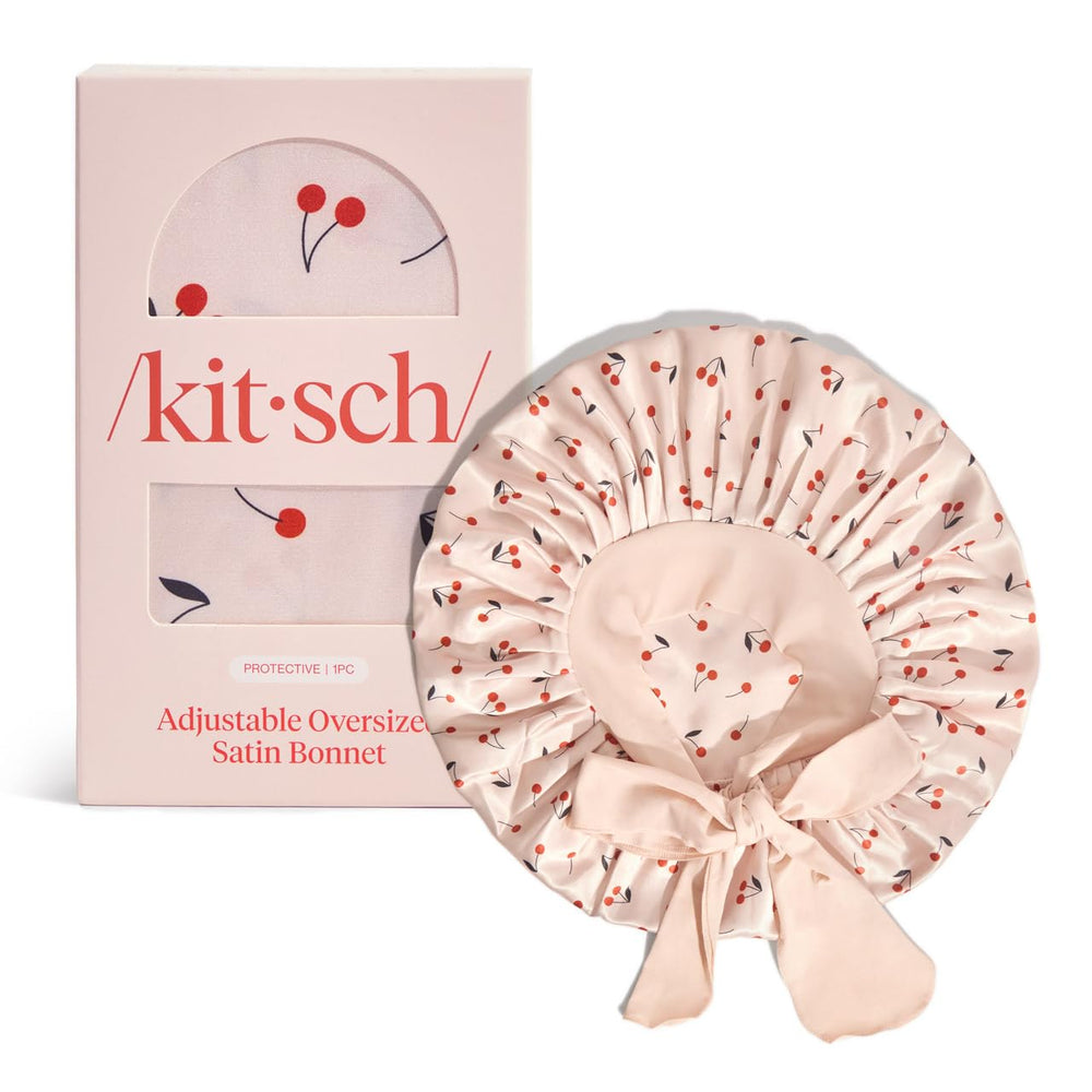 Kitsch XL Satin Bonnet cherry print detail for stylish hair care