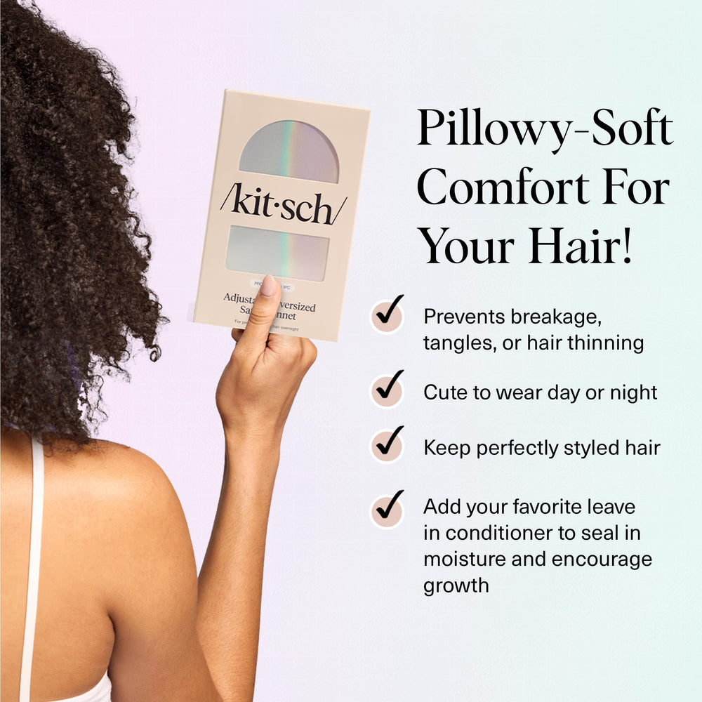 Kitsch XL satin bonnet overnight view demonstrates frizz prevention and quiet, comfortable sleep.