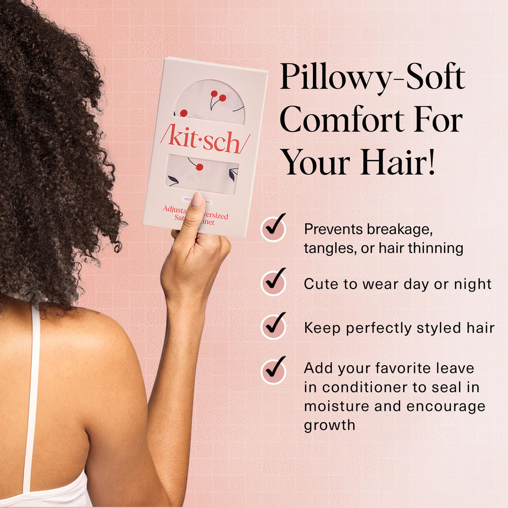 Kitsch XL Satin Bonnet on head demonstrates secure fit for textured hair
