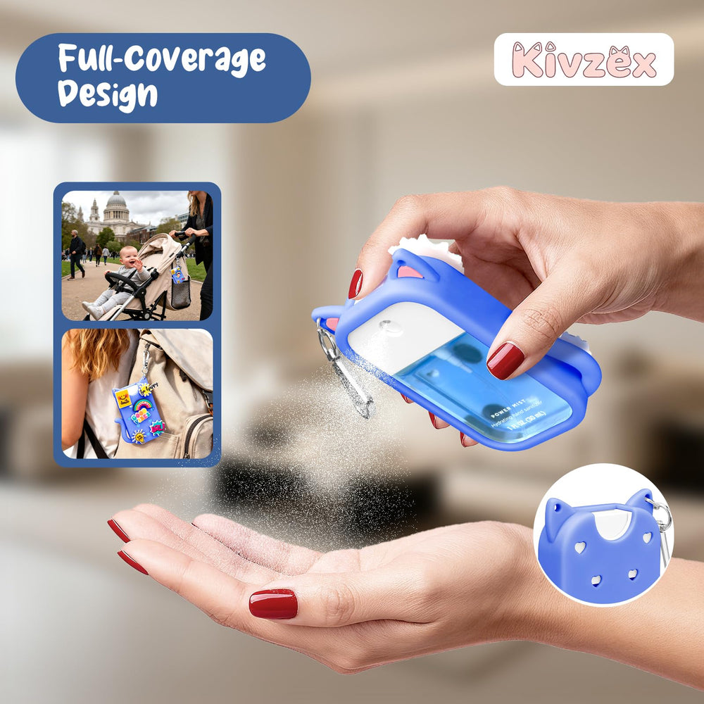 Kivzex cat silicone case travel lifestyle shot showcases compact, stylish sanitizer carry.