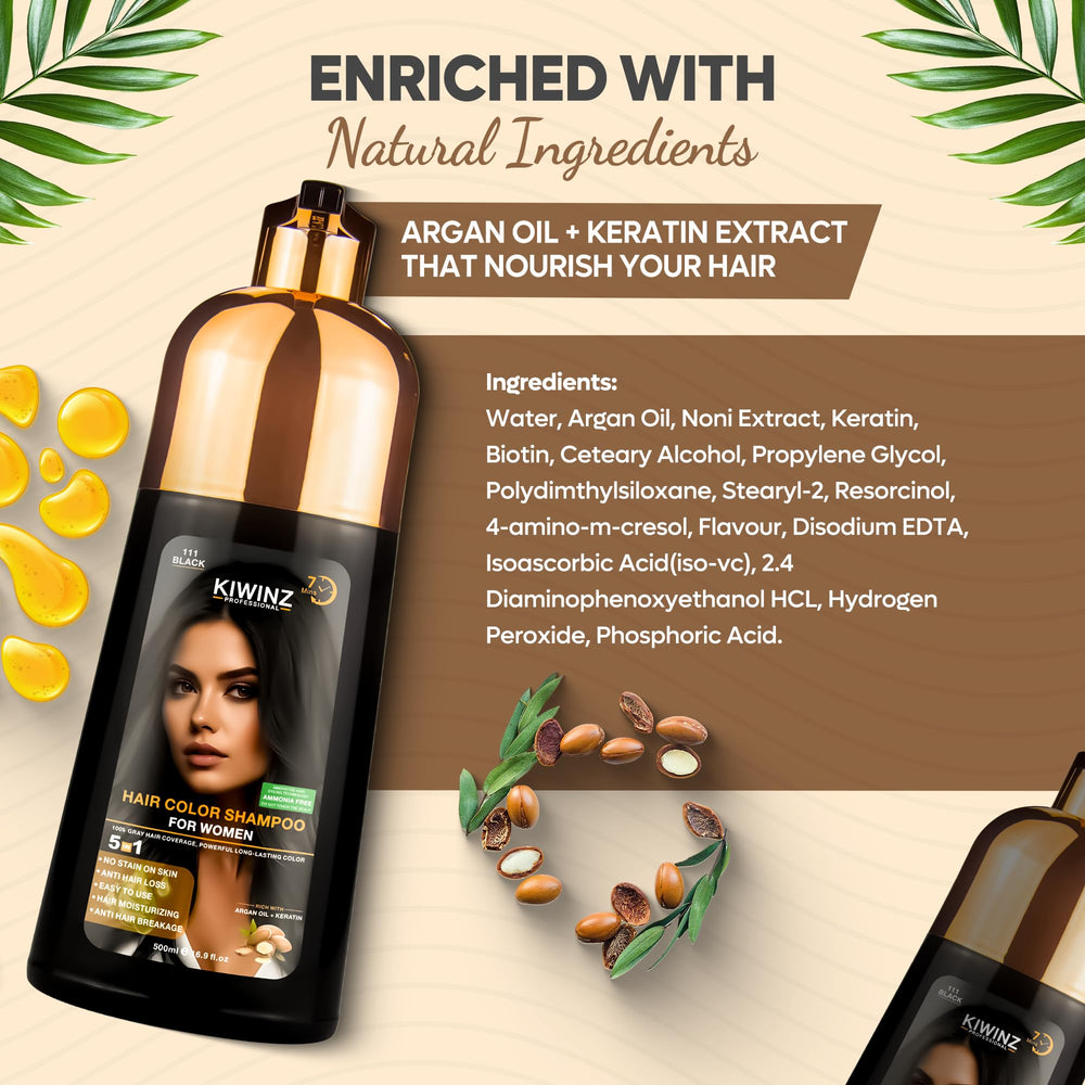 Kiwinz Professional Hair Color Shampoo offers 5-in-1 care in one wash.