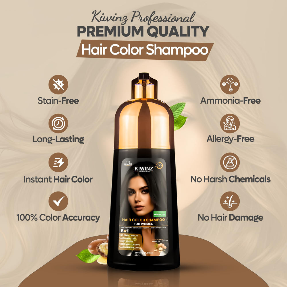 Kiwinz Professional Hair Color Shampoo application showing instant grey coverage in minutes.