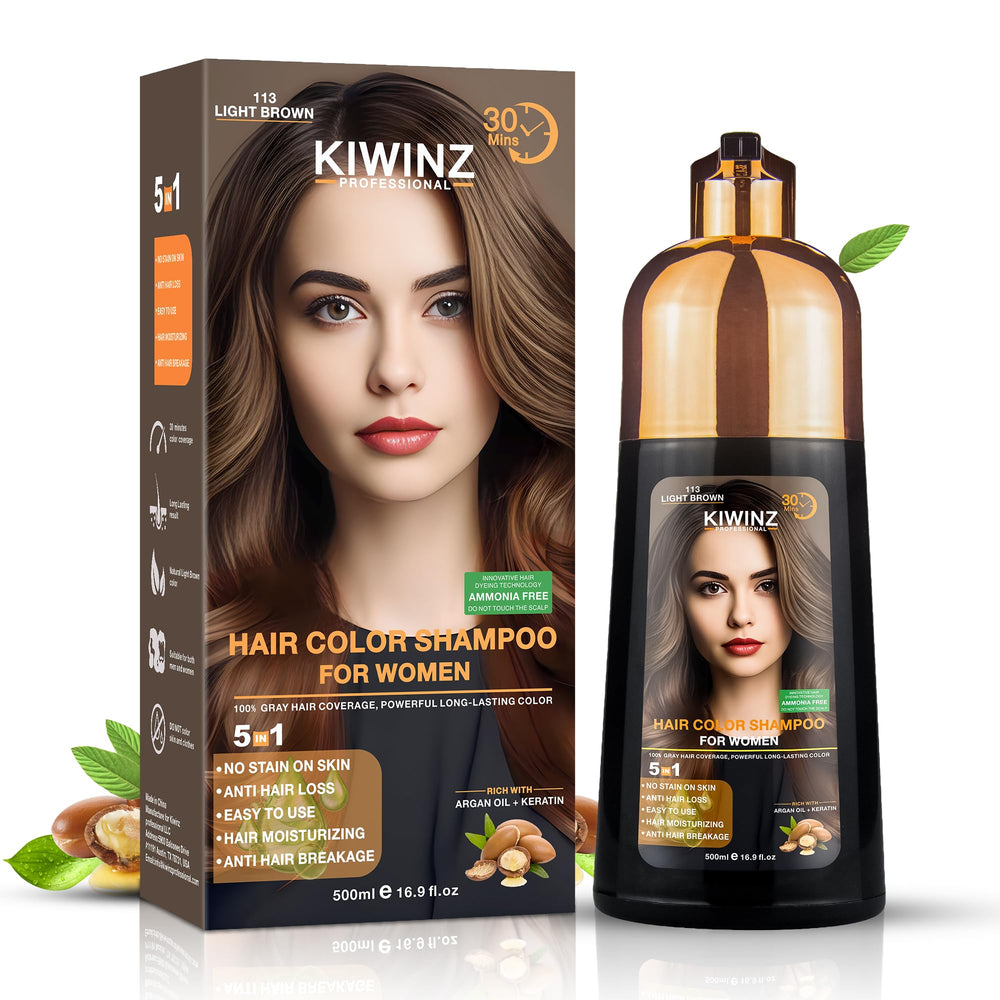 Kiwinz Professional hair color shampoo bottle demonstrates quick grey coverage.