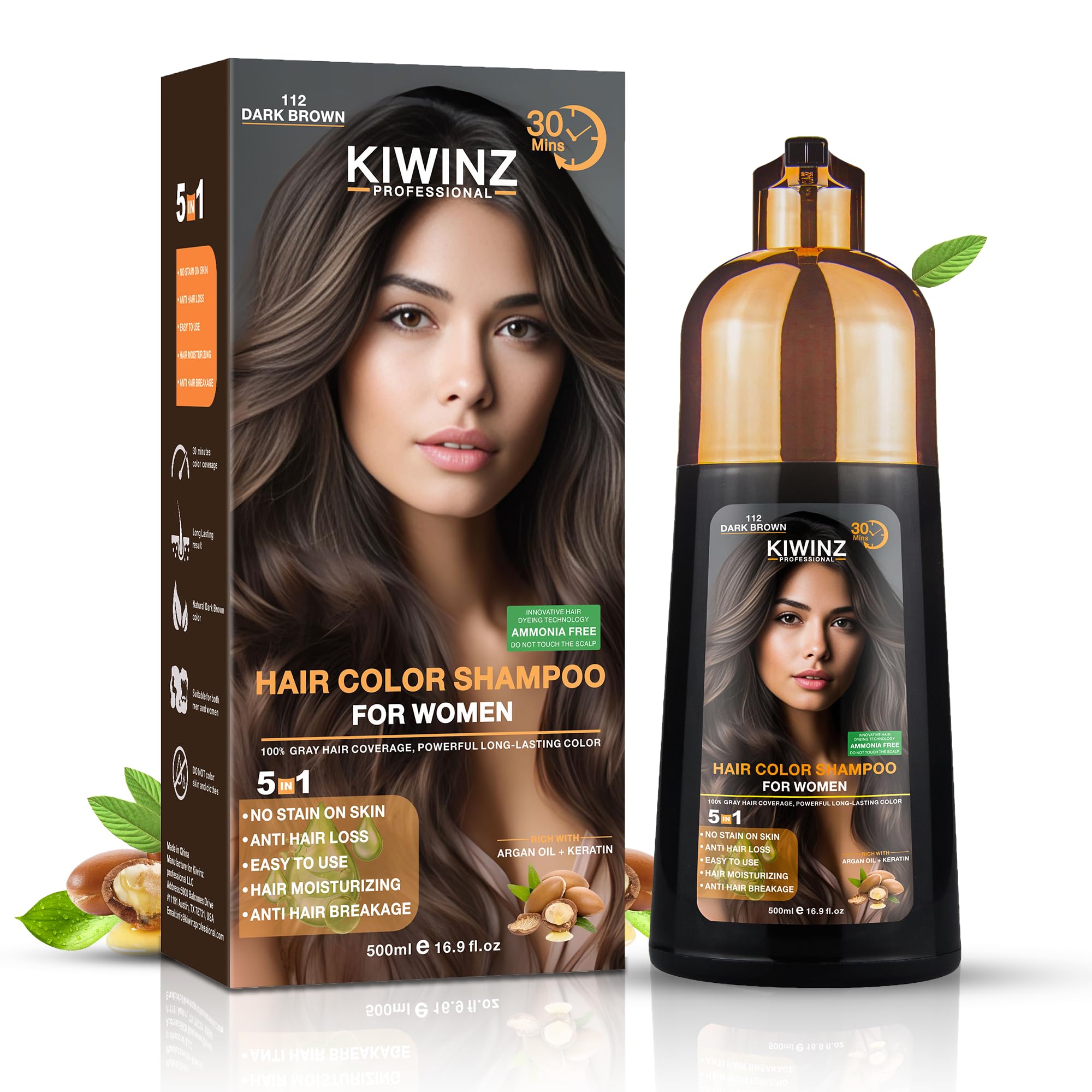 Kiwinz Professional hair color shampoo bottle shows instant color coverage and 5-in-1 formula