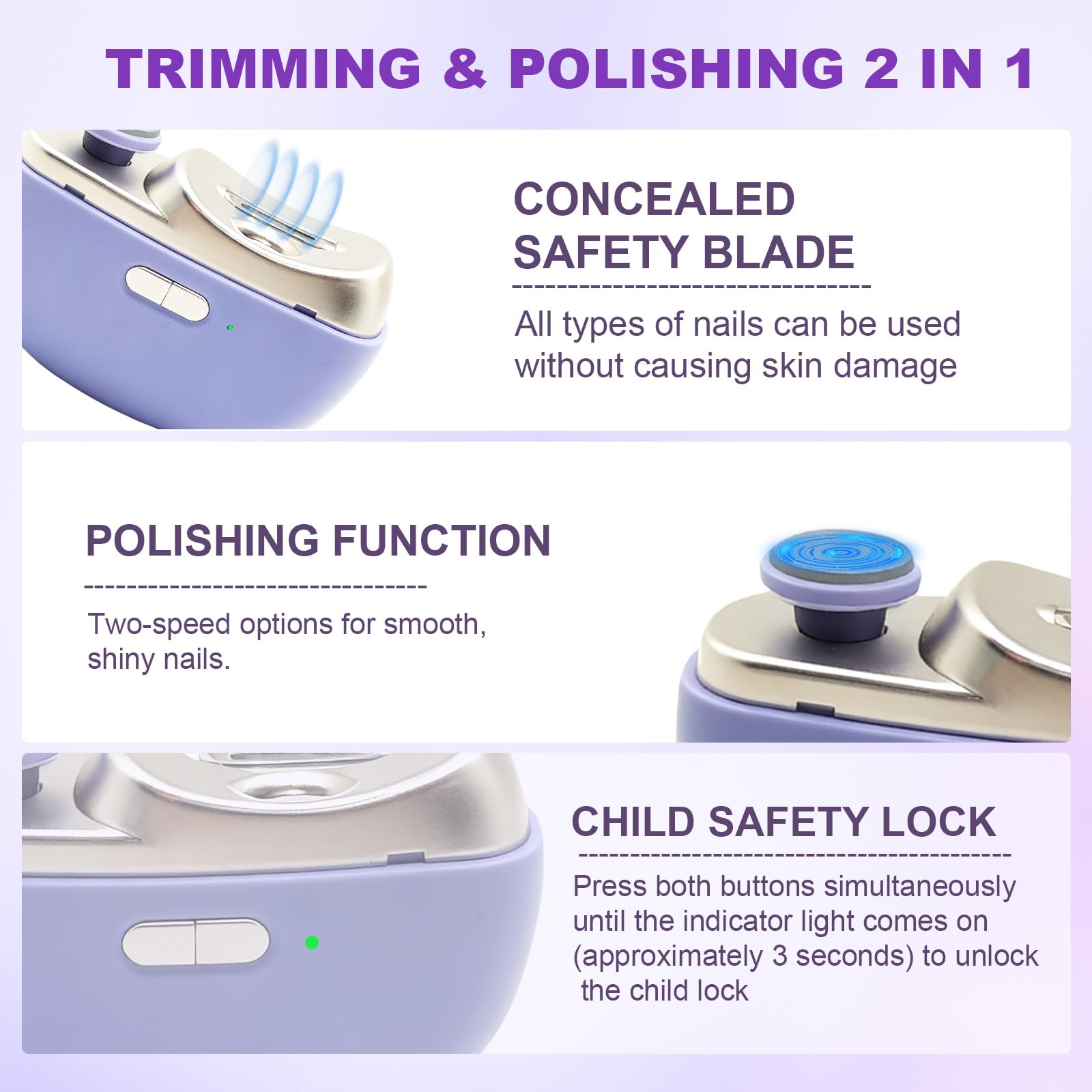 Kiwtreby electric nail clipper polishes nails to a smooth finish after trimming