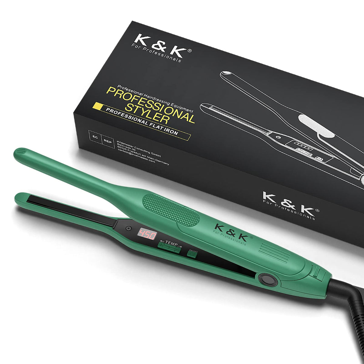 K&K mini flat iron with 3/10 inch plates for precise pixie-cut styling