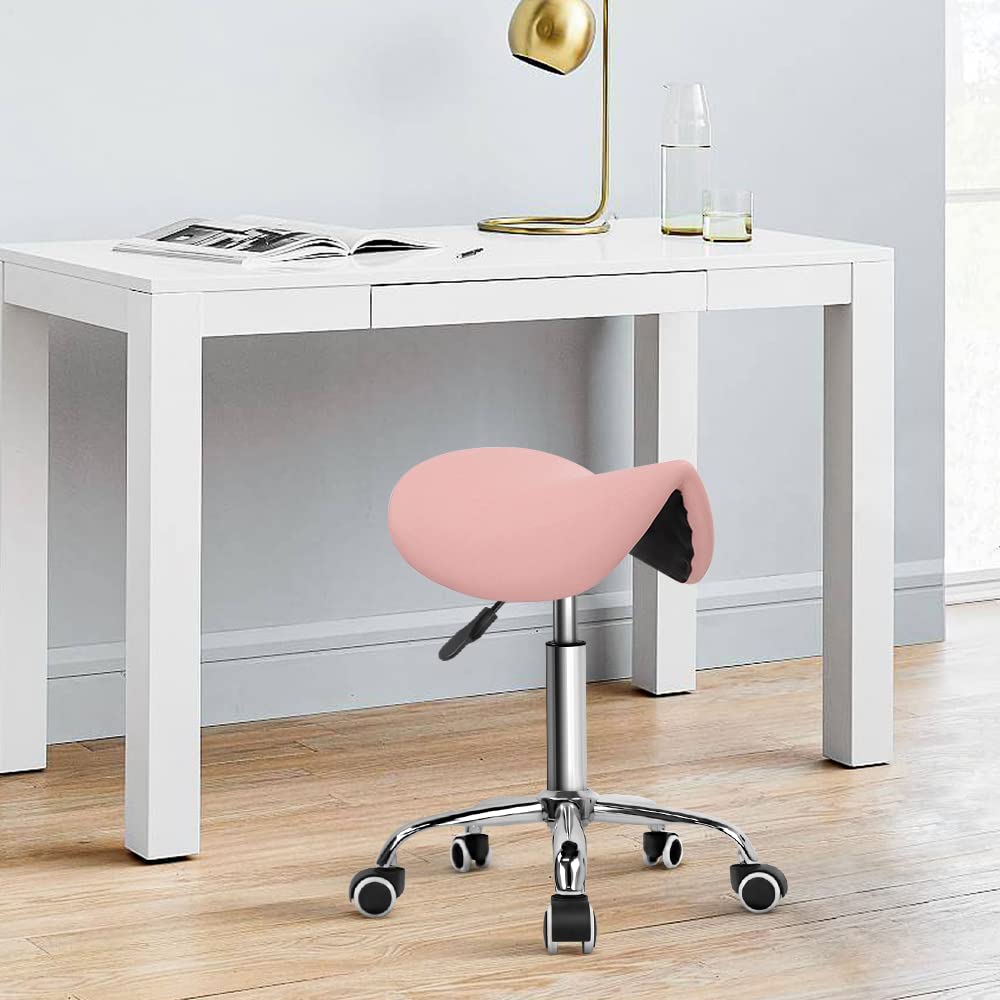 KKTONER rolling saddle stool pink side view shows stylish PU leather and easy cleaning