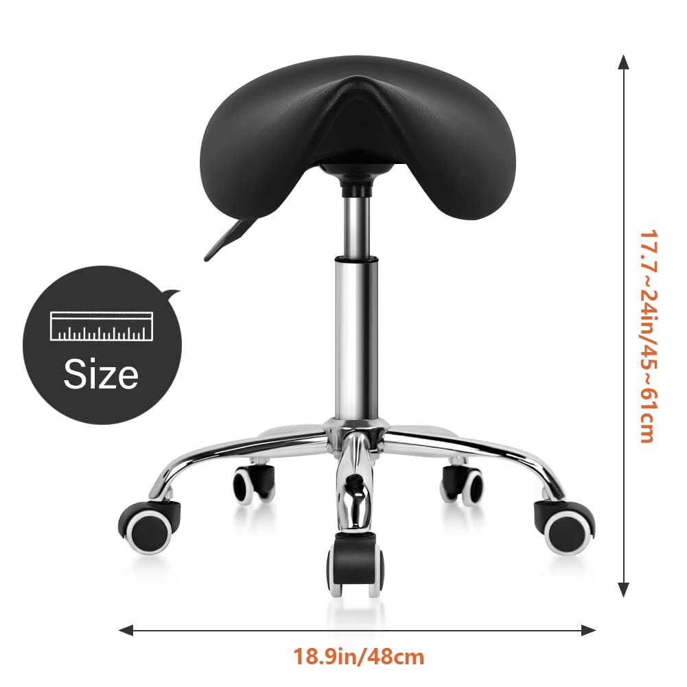KKTONER rolling saddle stool side profile shows compact footprint and stable wheels.