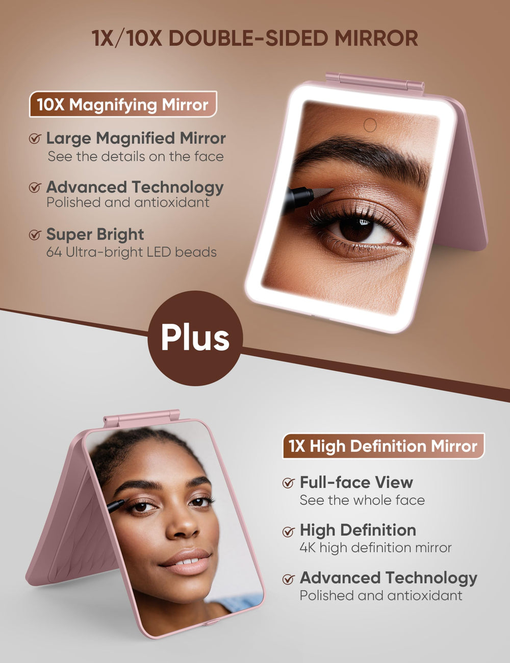 klarh rose pink LED mirror demonstrates three color lighting modes for flattering skin tone