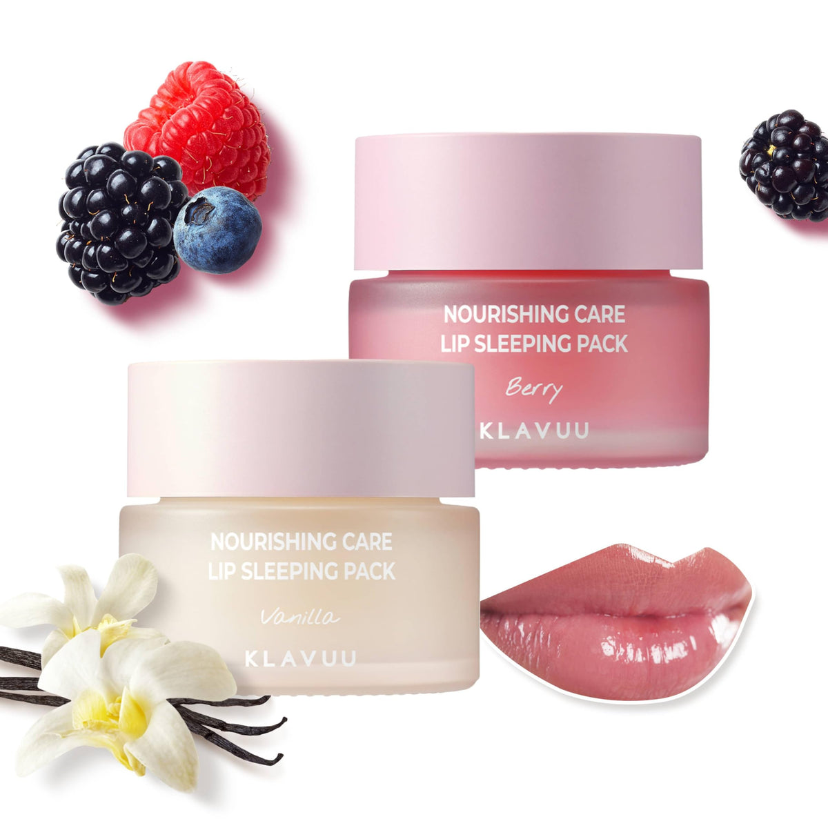 Klavuu Lip Mask Set Berry and Vanilla packaging showing overnight hydration benefits