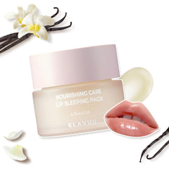 Klavuu Lip Mask Sleeping Pack Vanilla jar closeup highlighting overnight hydration.