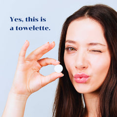 Kleany towel tablets expanding in water, ready for travel use