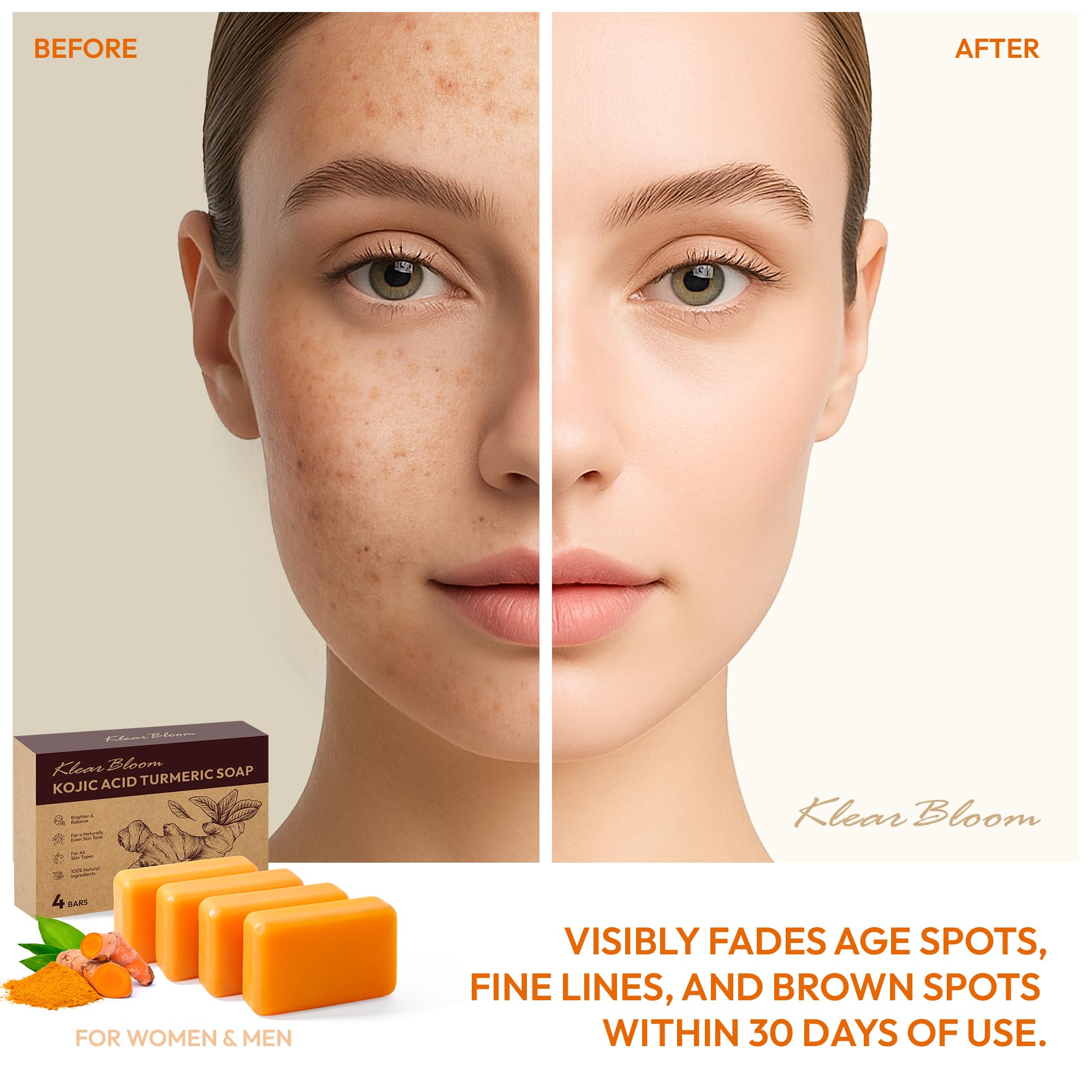 KlearBloom Kojic Acid Turmeric Soap bars top view highlighting compact bundle