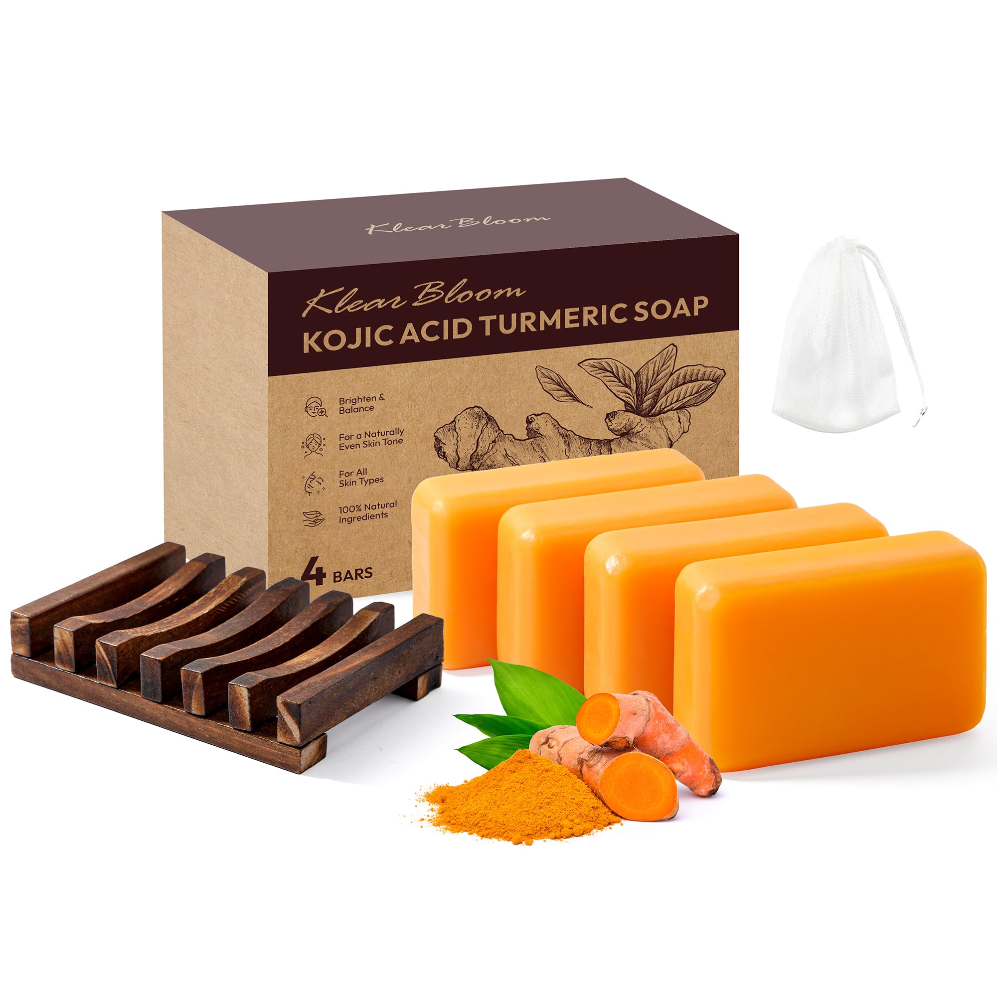 KlearBloom Kojic Acid Turmeric Soap packaging and holder shown for easy storage
