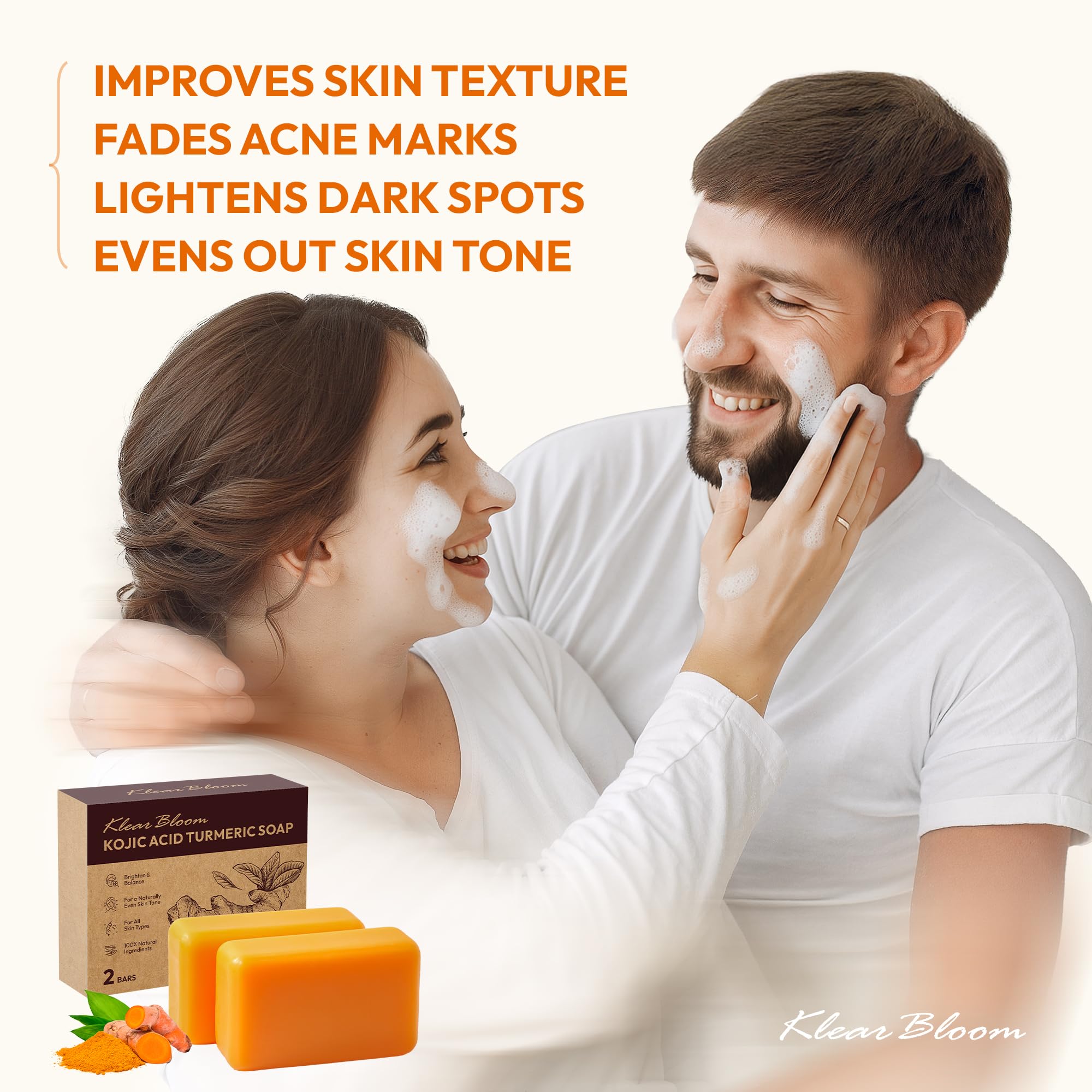 KlearBloom Kojic Turmeric Soap bar lather-action highlights creamy foam for gentle cleanse.